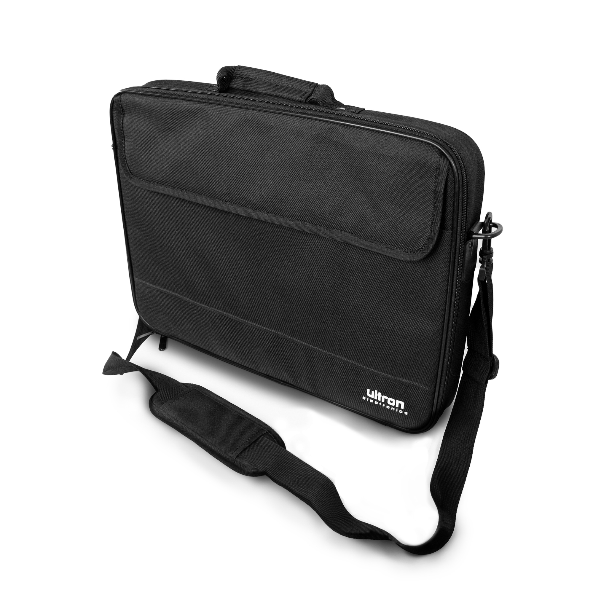 Una borsa nera per laptop con tracolla, maniglia e cerniera. La borsa ha il logo 'ultron electronics'.