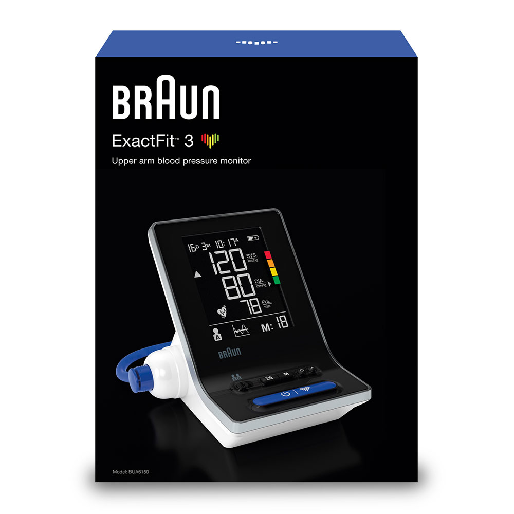 Un monitor de presión arterial Braun ExactFit 3. La pantalla muestra lecturas. El dispositivo es blanco y negro, sobre un fondo negro.
