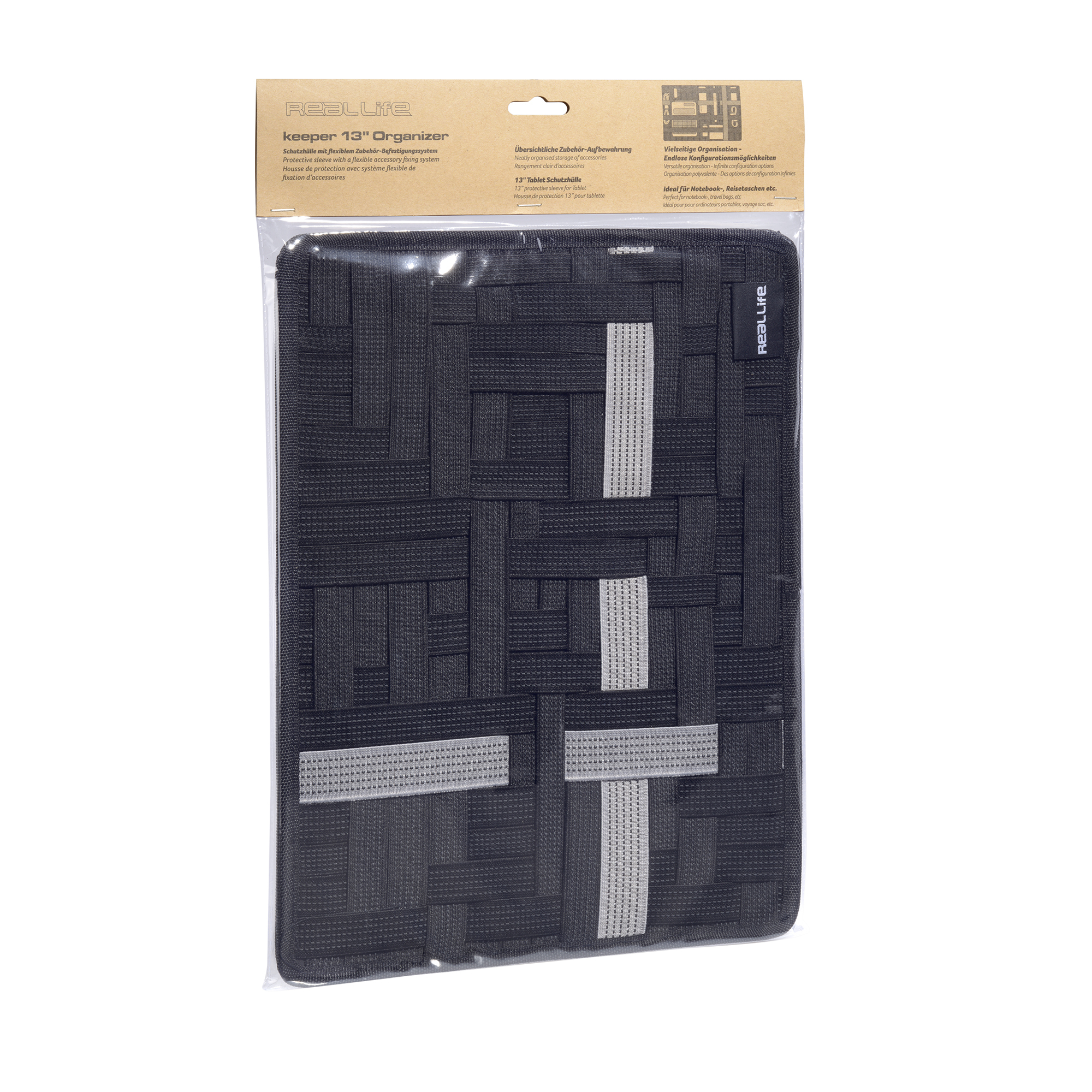 Eine schwarze Tablettasche mit Webmuster und grauen Akzentstreifen, verpackt in durchsichtigem Kunststoff.