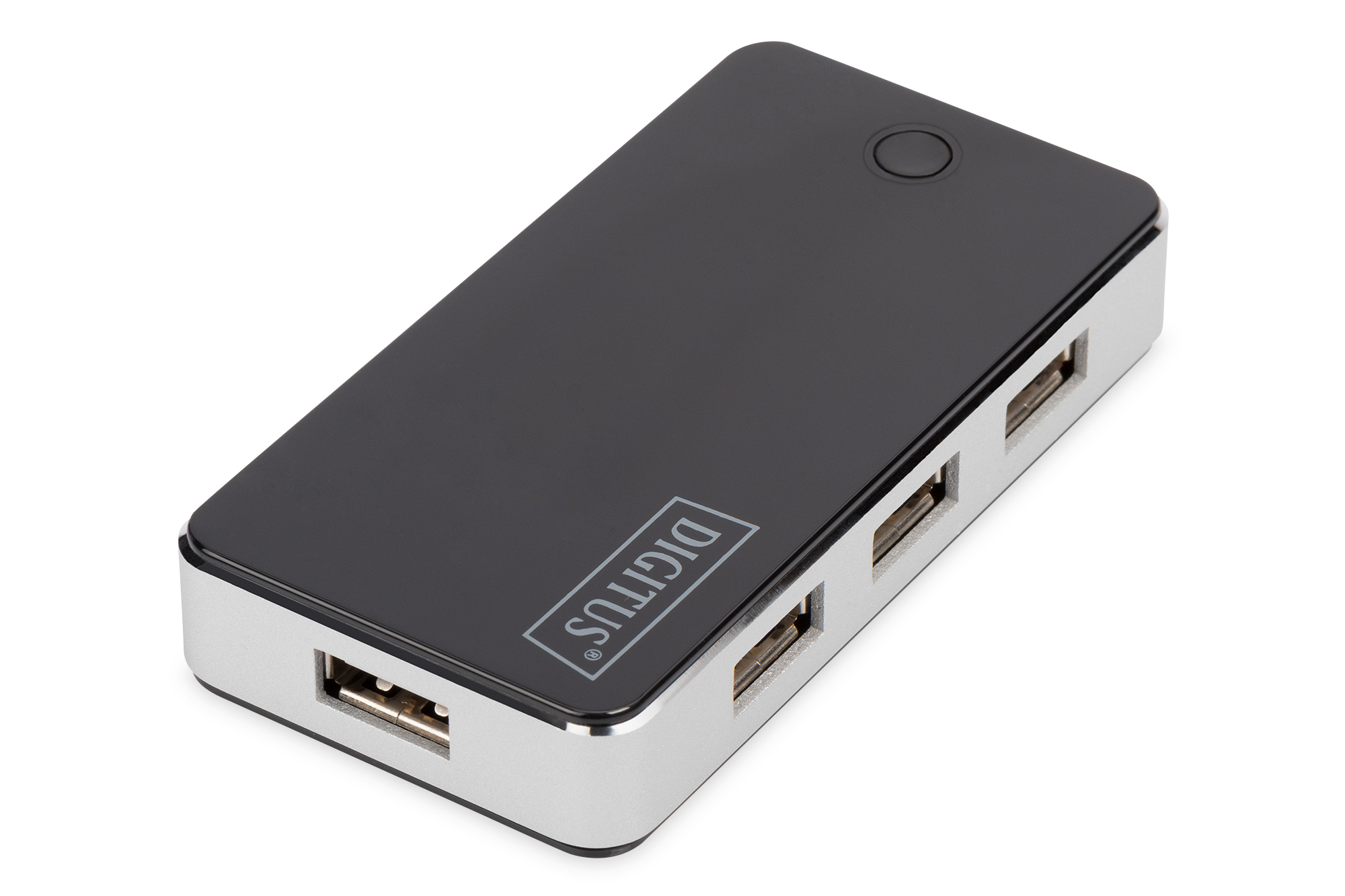Schwarzer USB-Hub mit silbernen Kanten, vier Anschlüssen und einem Netzschalter. Der Markenname 'DIGITUS' ist sichtbar.