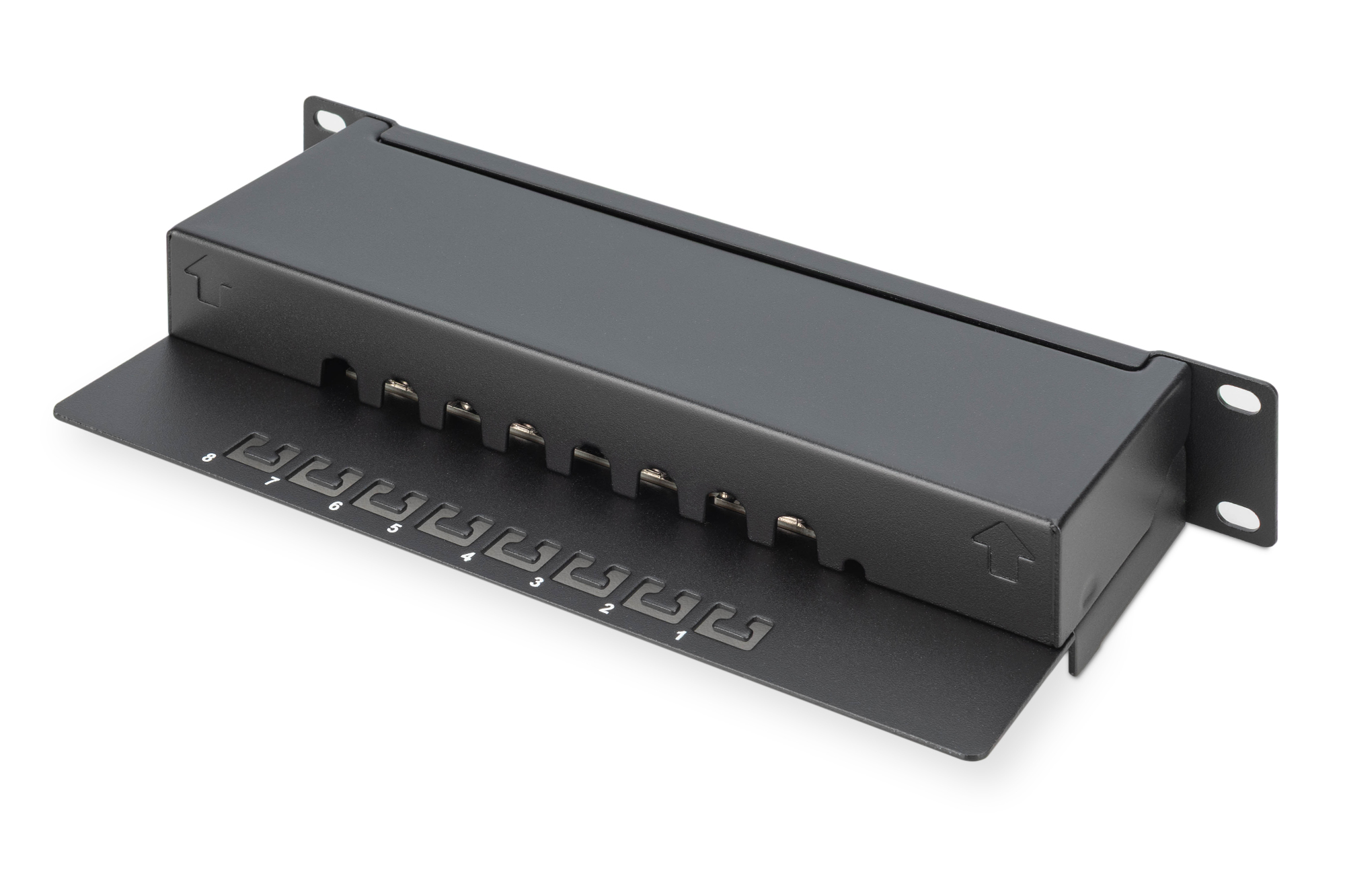 Ein schwarzes Netzwerk-Patchpanel mit nummerierten Anschlüssen, montiert auf einer weißen Oberfläche.