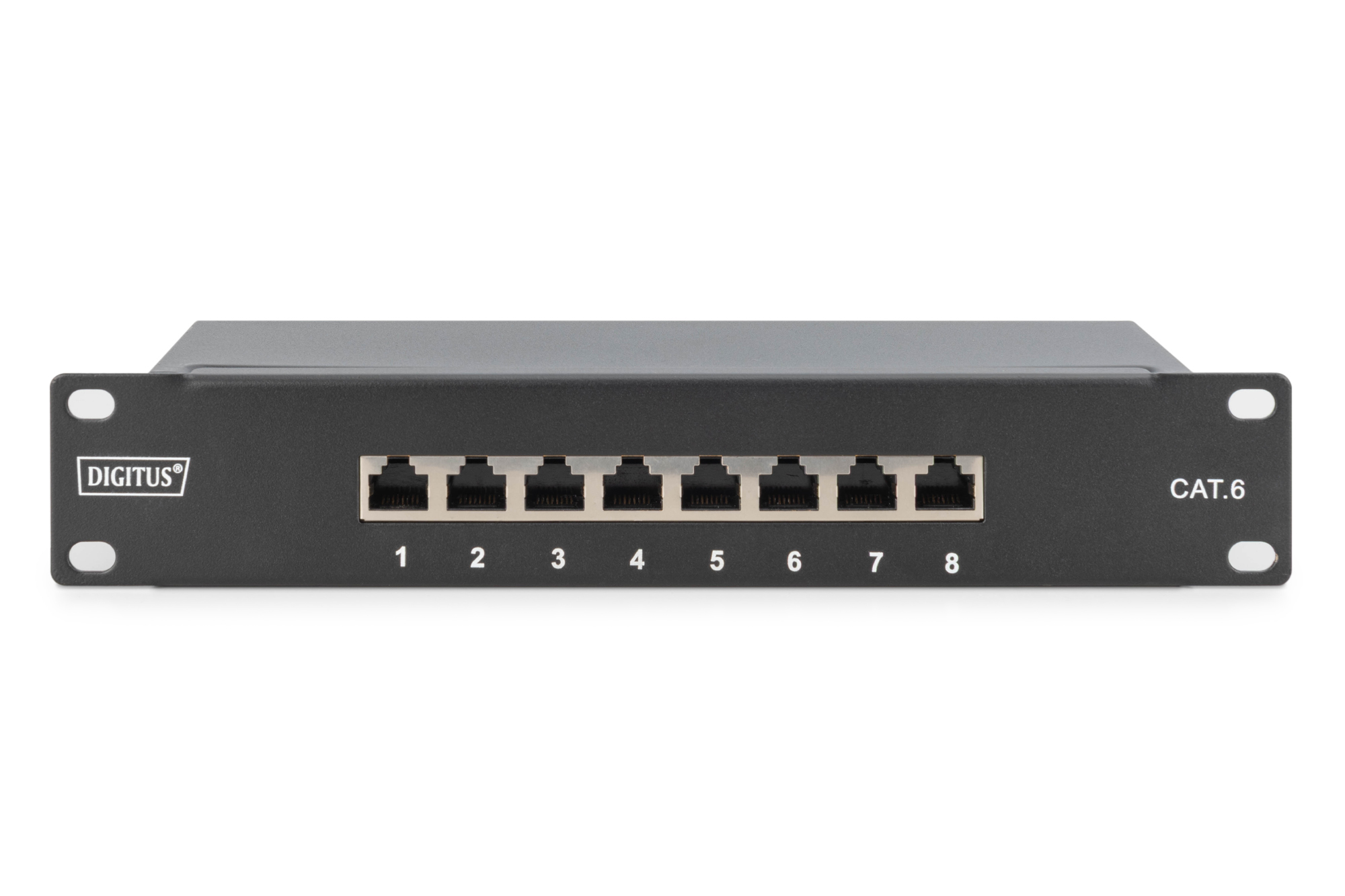 Schwarzes Netzwerk-Patchpanel mit 8 Ports, beschriftet mit 1-8. Die Marke ist Digitus, und es ist mit CAT.6 beschriftet. Weißer Hintergrund.