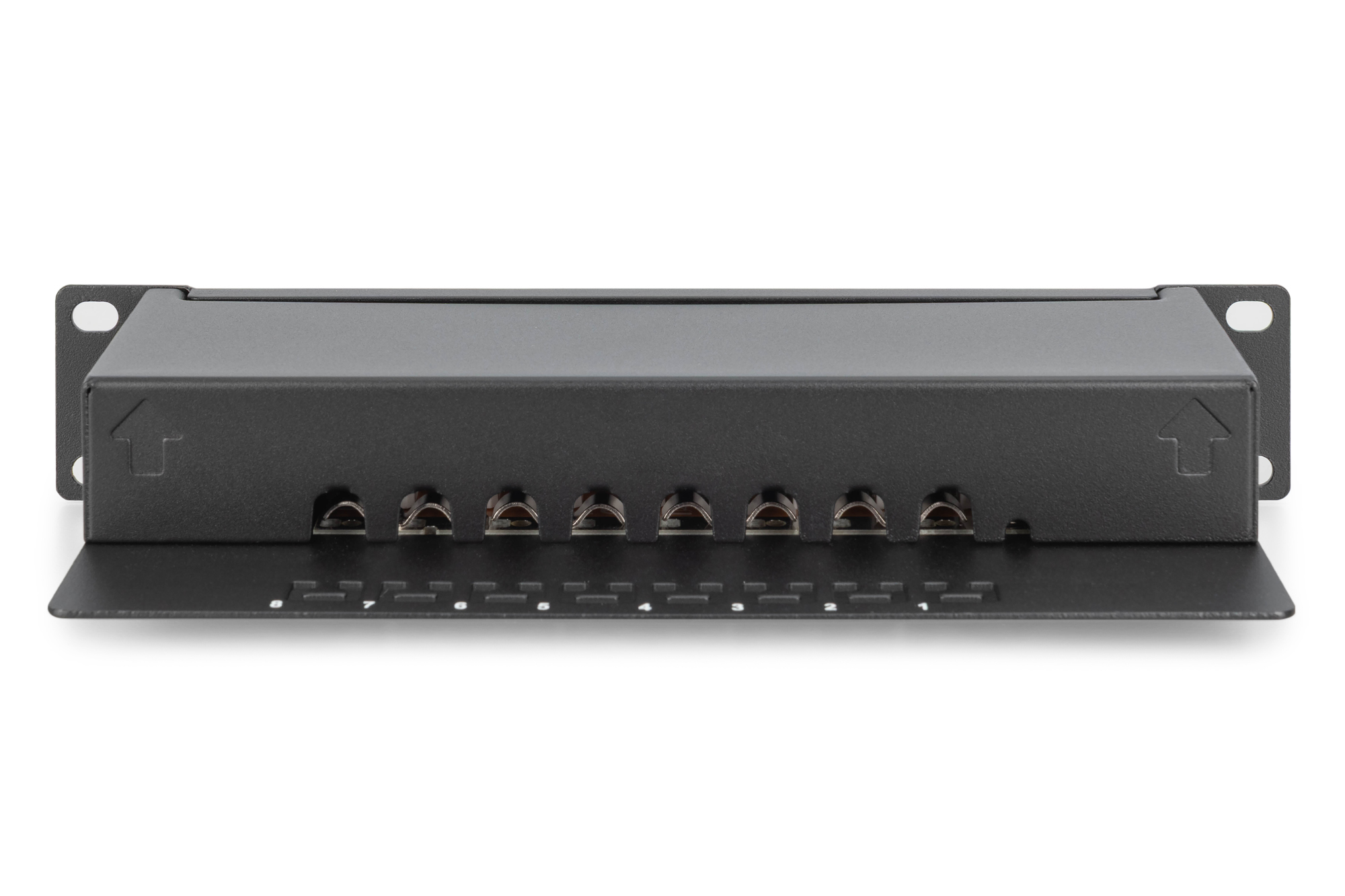Schwarzes Audio-Patchpanel mit acht Anschlüssen. Pfeile zeigen die Richtung an. Weißer Hintergrund.