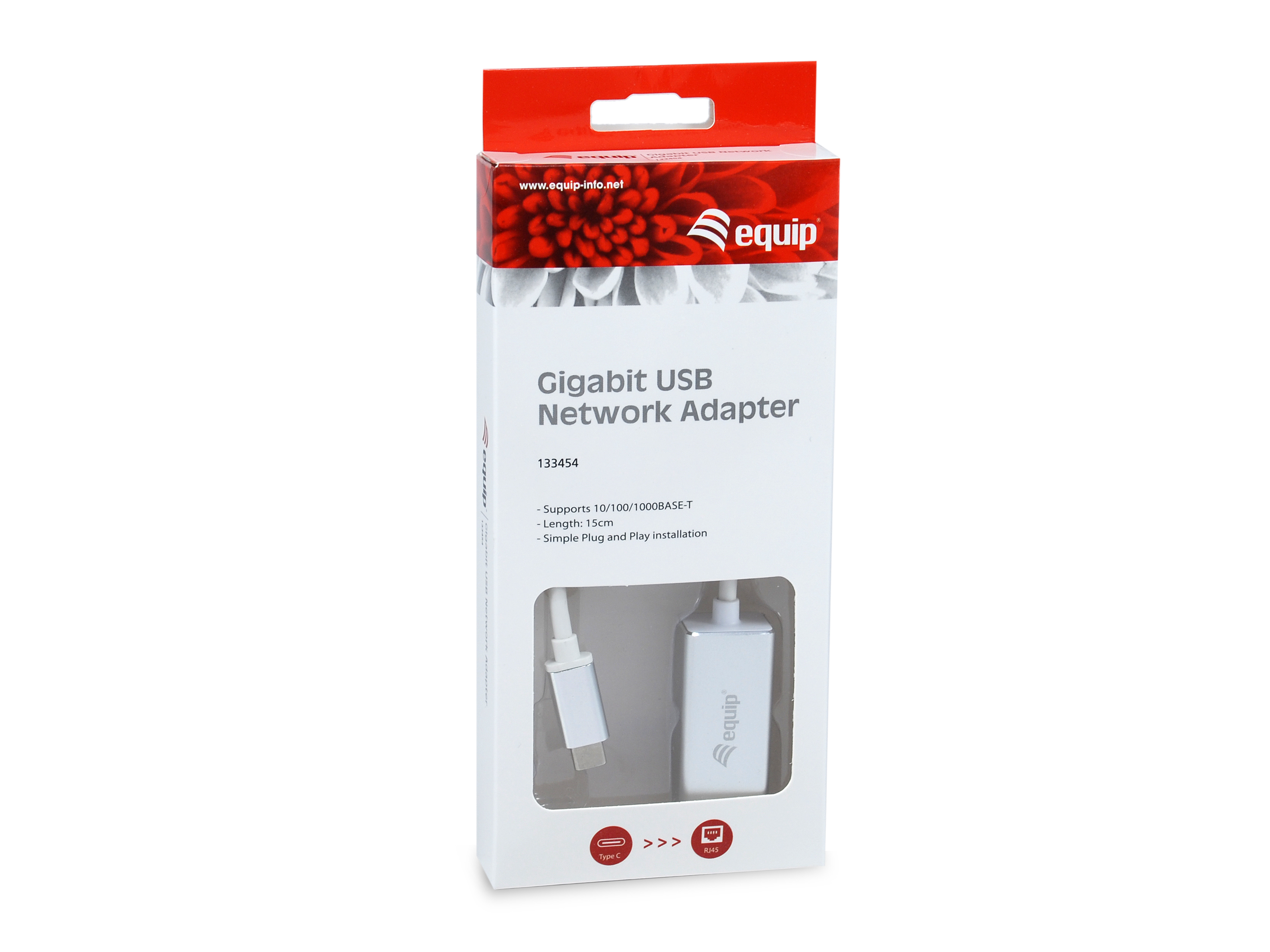 Eine weiße Schachtel mit einem Gigabit-USB-Netzwerkadapter. Sie hat eine rote Oberseite und zeigt einen weißen Adapter mit Typ-C-Anschluss.