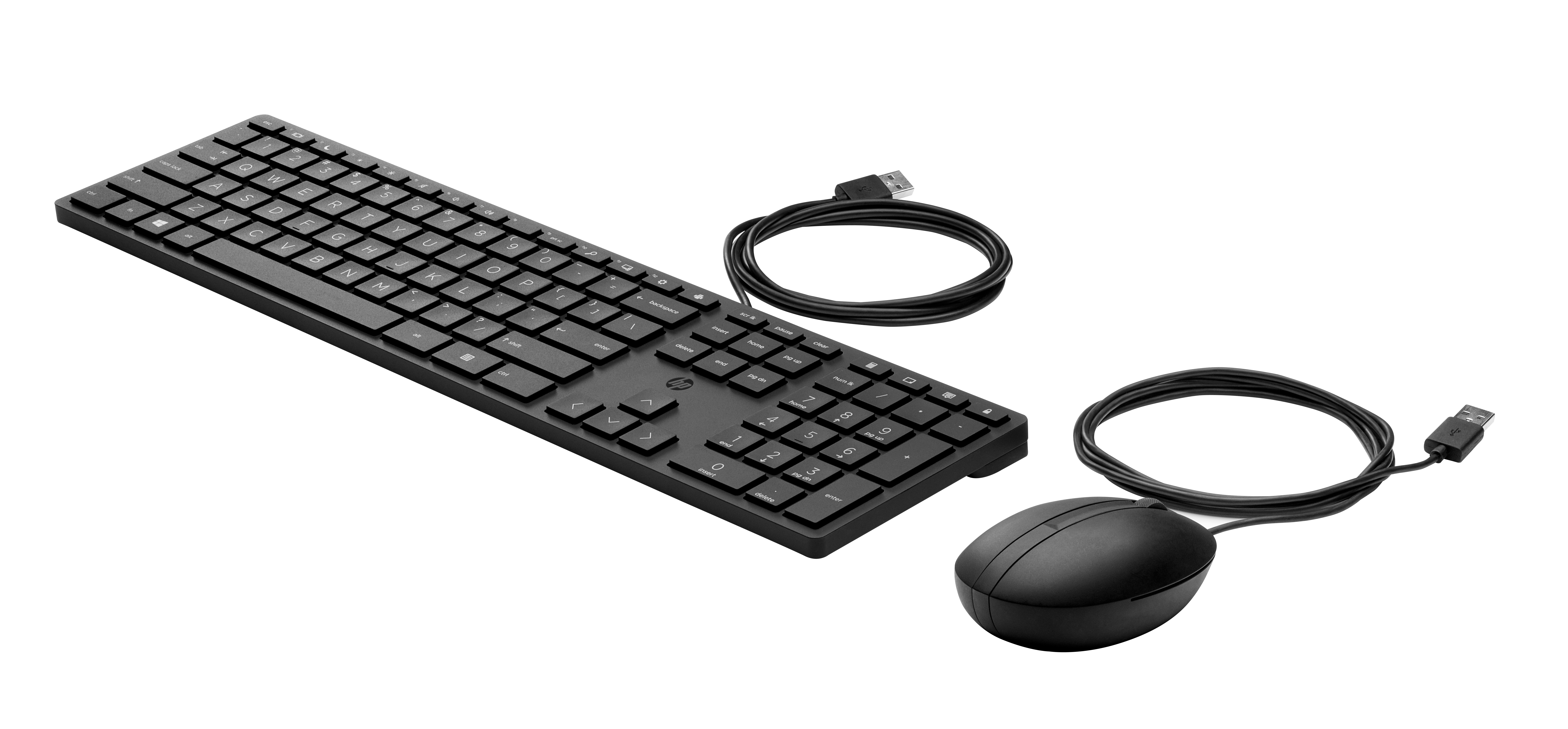 Un set tastiera e mouse HP neri. La tastiera ha un layout standard. Il mouse è di forma ovale.