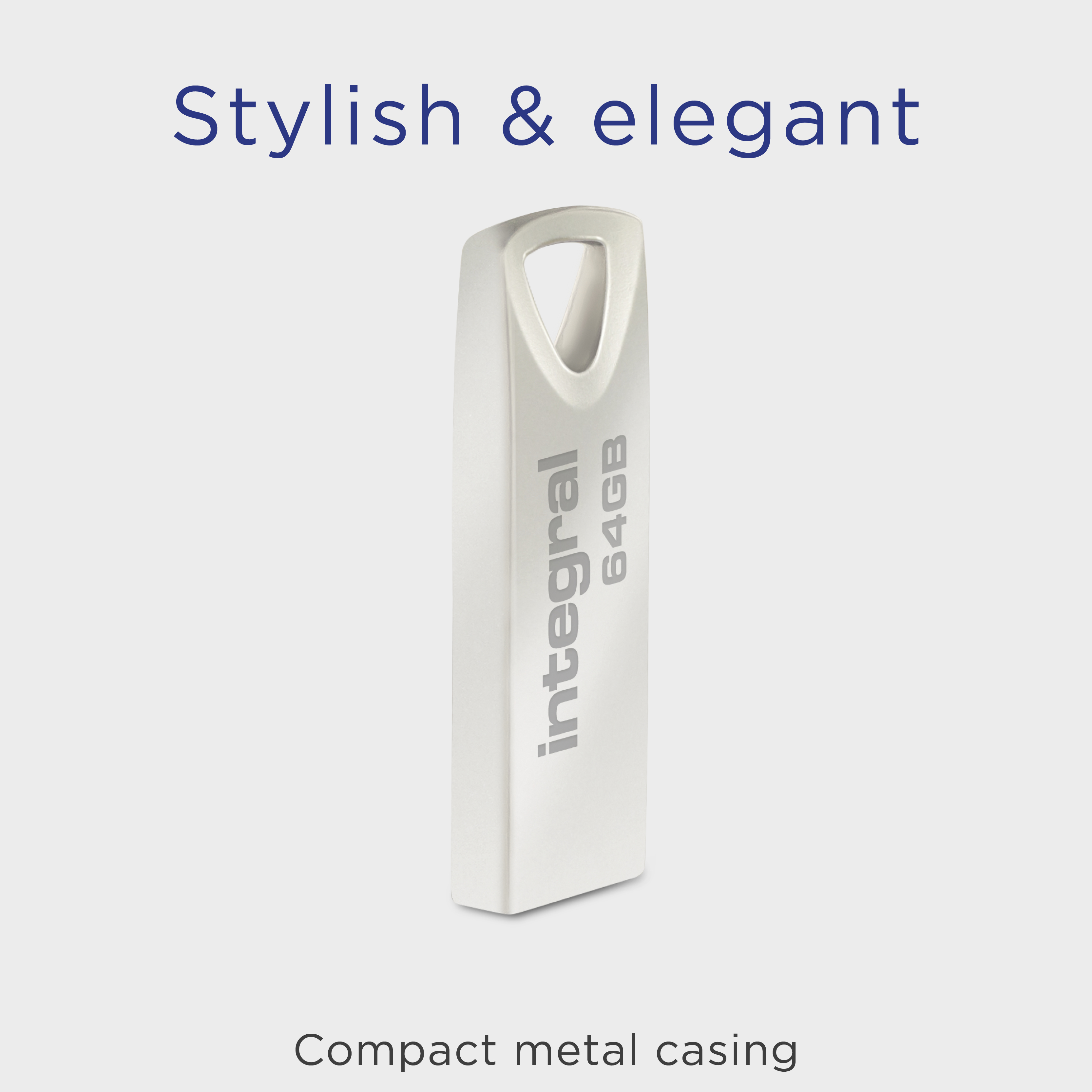 A silver USB drive with the brand name 'integral' and capacity '64GB' on a white background.