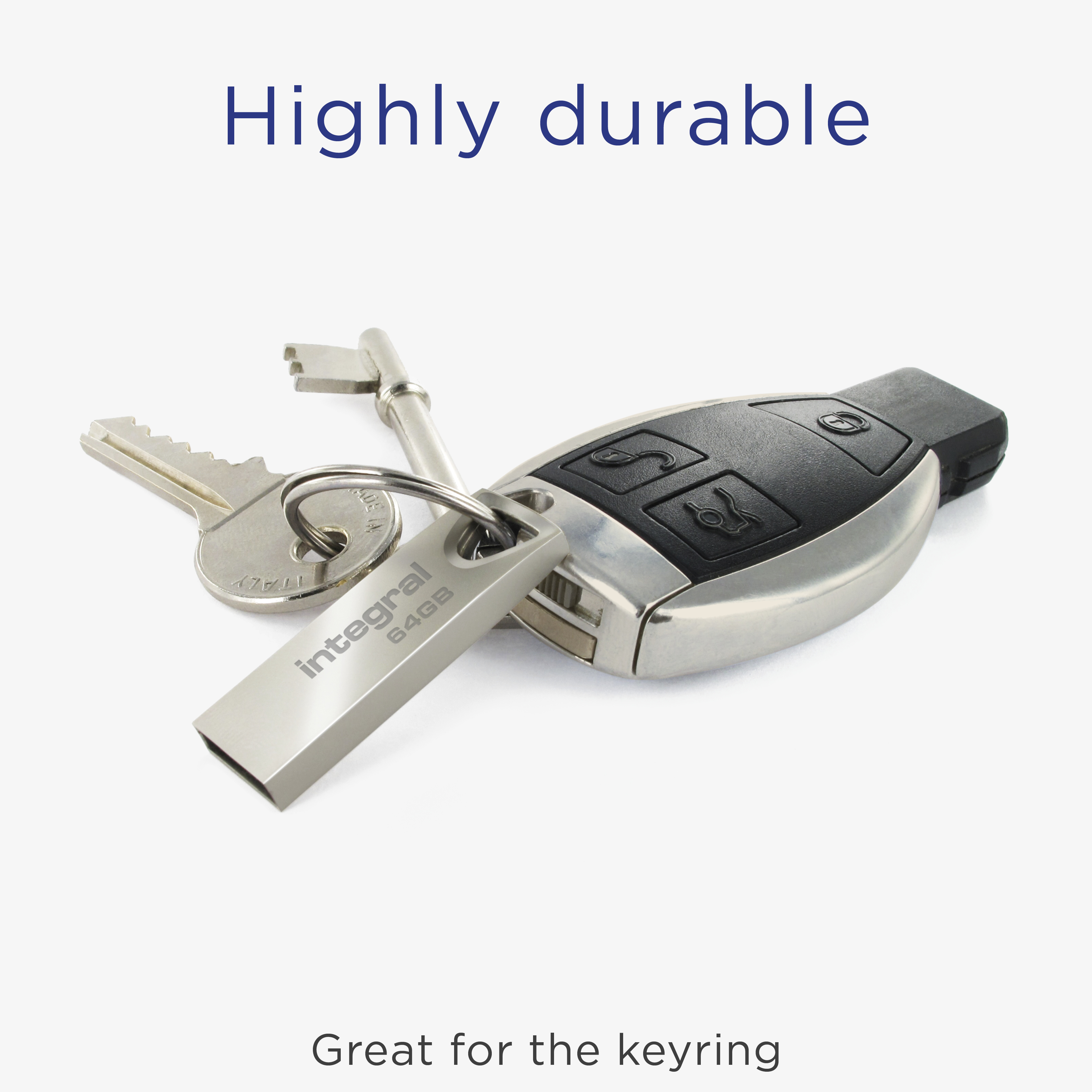 A key, car key, and USB drive on a keyring. The background is white.