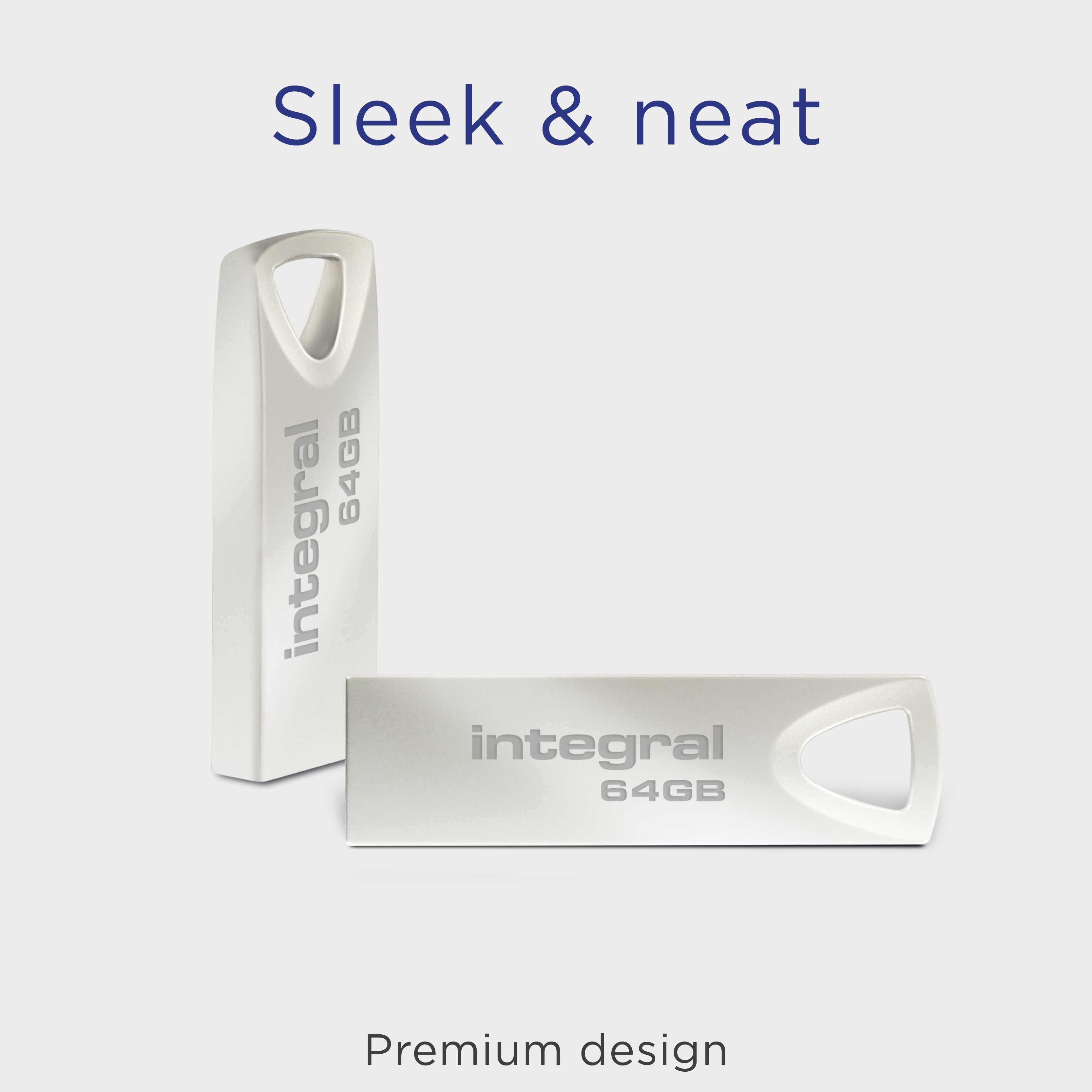 Two silver USB flash drives with the brand 'integral' and capacity '64GB' on a light gray background.