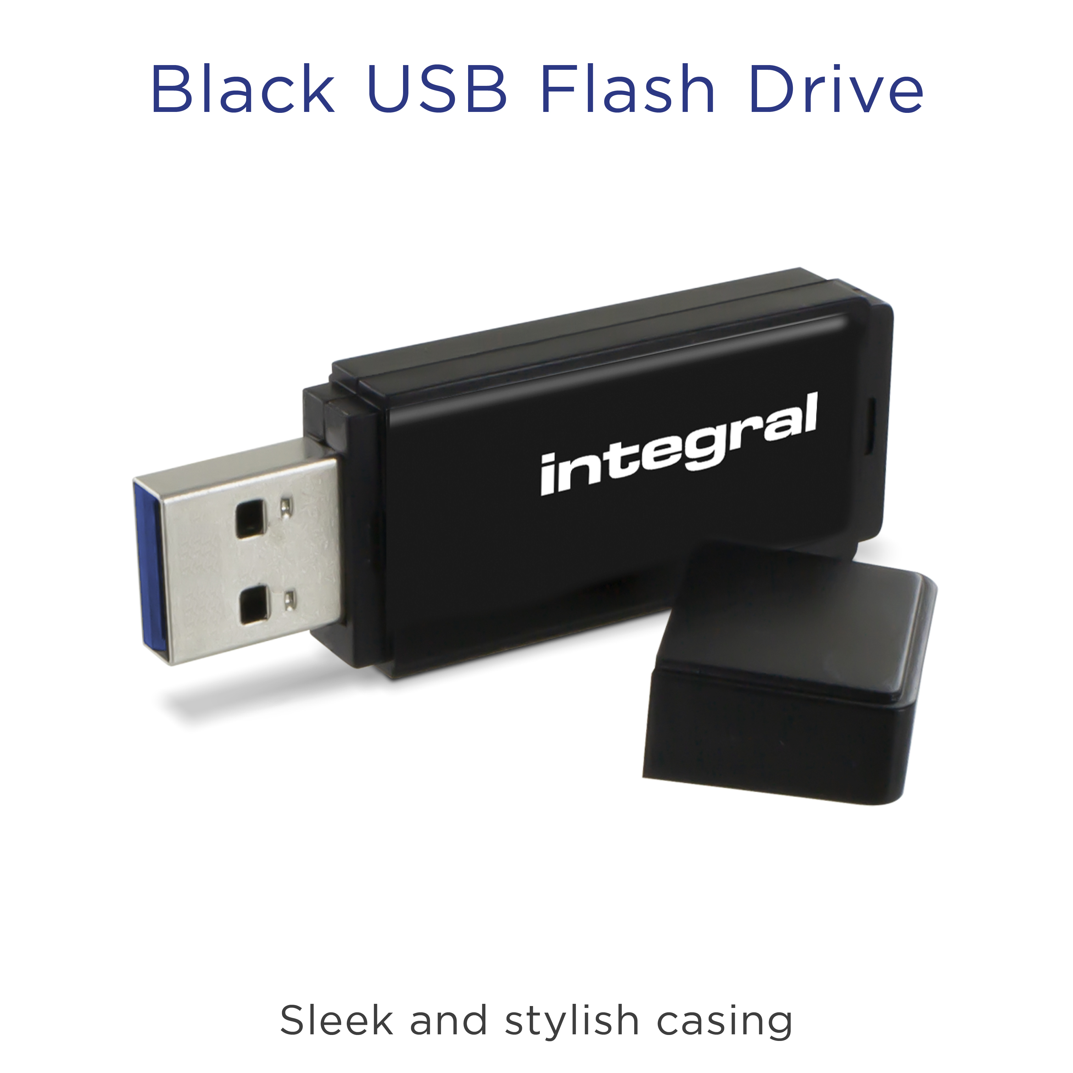 Czarny pendrive USB z odłączoną nasadką. Ma napis 'integral'.