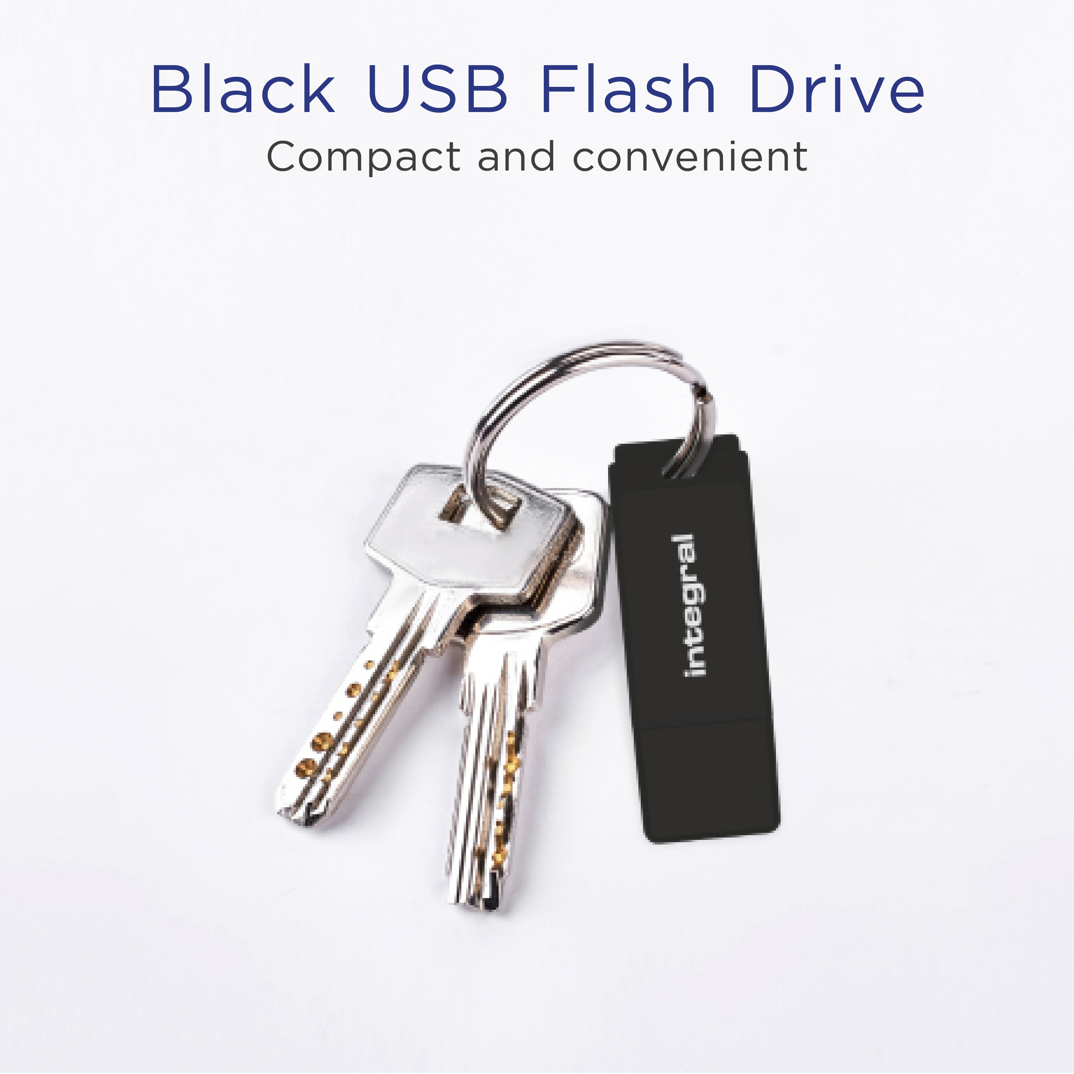 Obraz przedstawia czarny pendrive USB na breloczku z dwoma kluczami. Białe tło i tekst na górze.