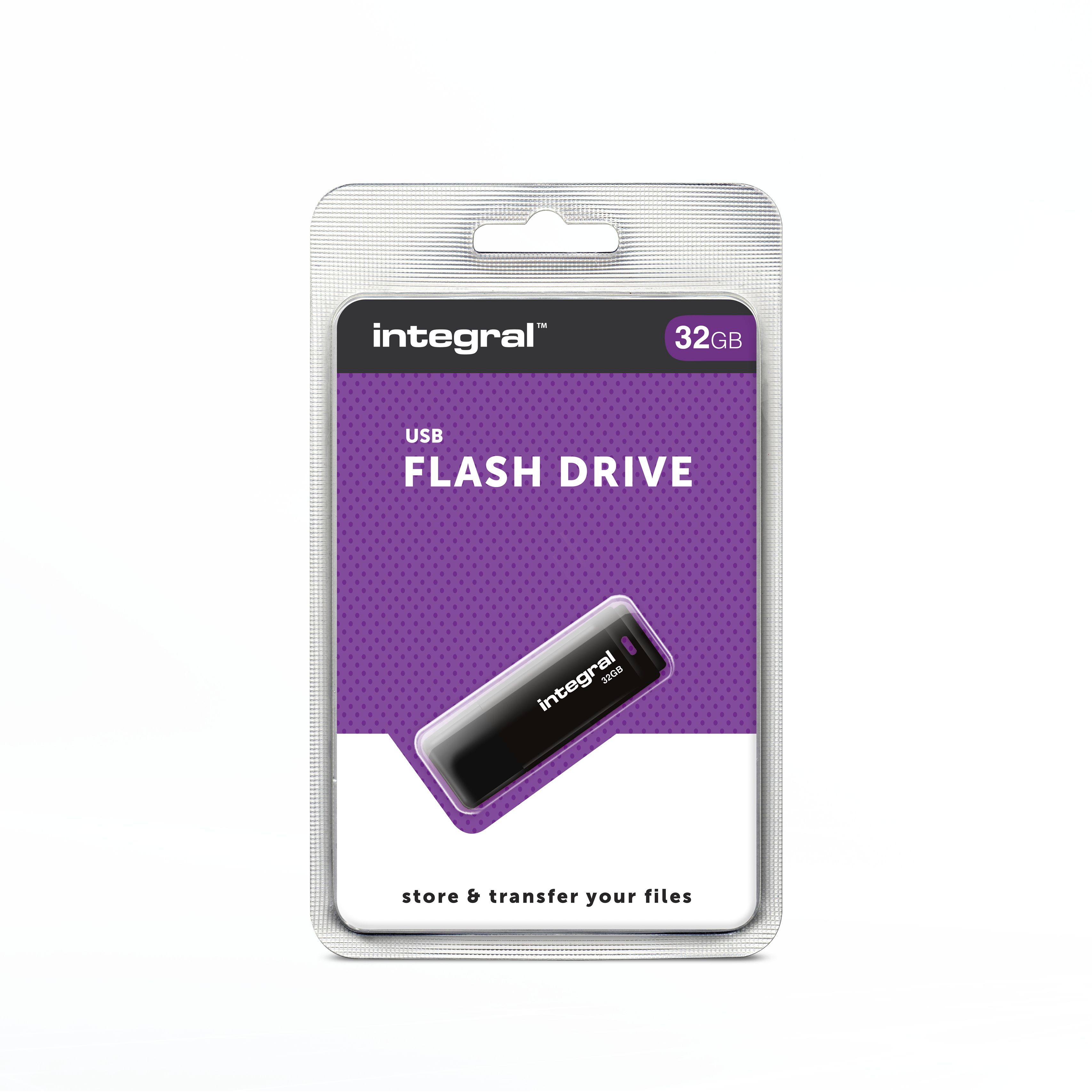 Pokazano opakowanie dysku flash USB. Opakowanie ma srebrną ramkę, fioletowe tło i biały tekst.