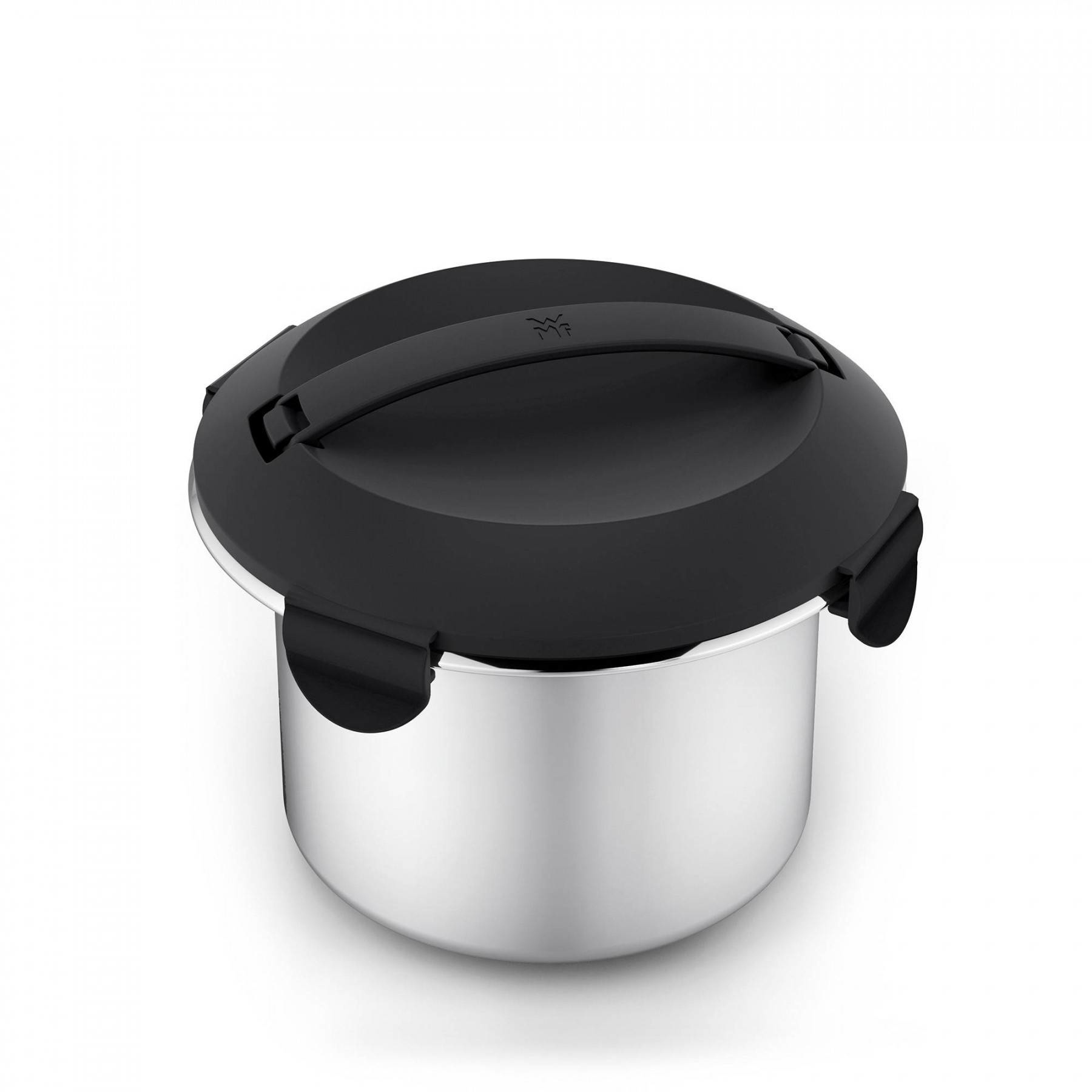 Un recipiente de acero inoxidable para alimentos con tapa y asa negras. La tapa tiene un logotipo y clips para sellar.