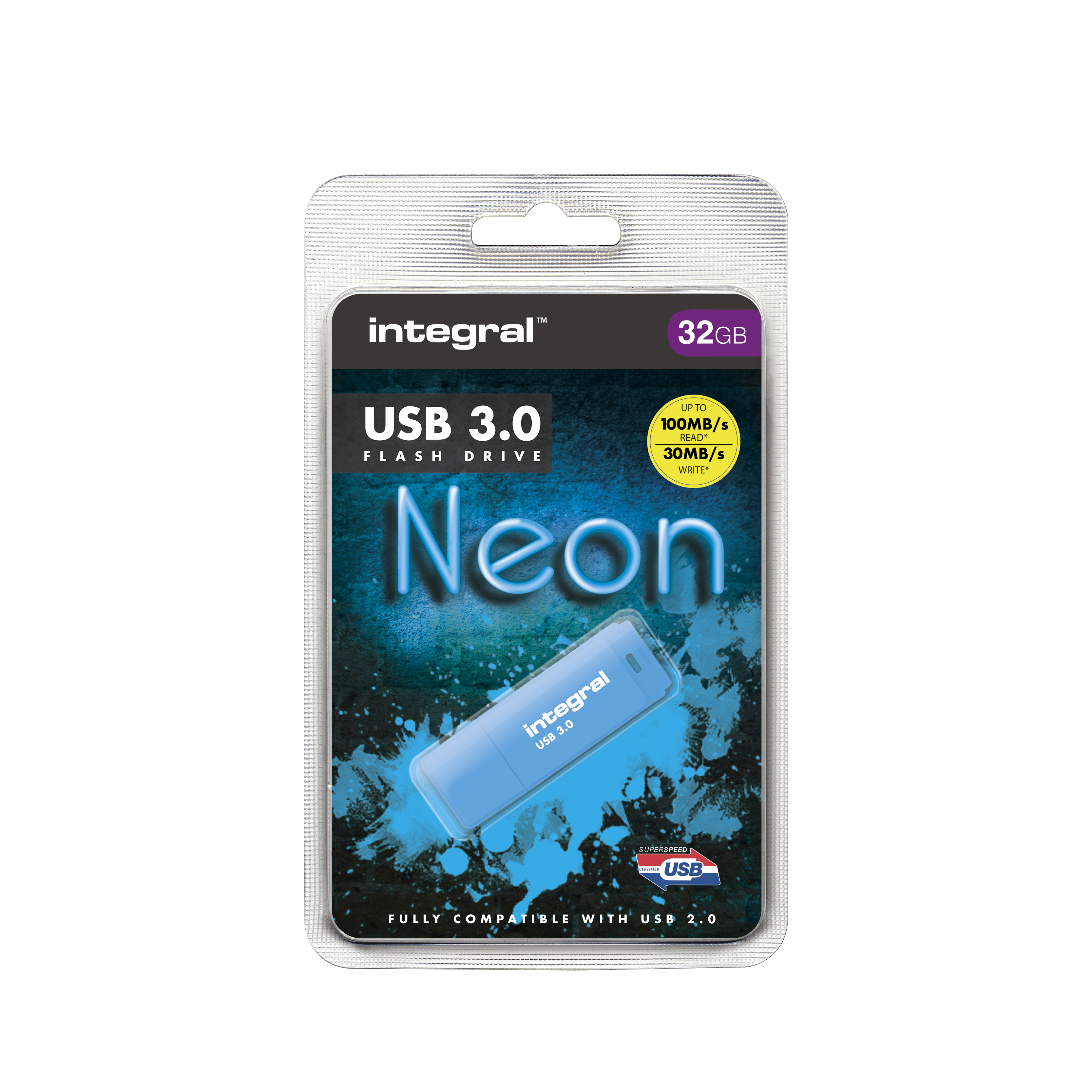 Pamięć USB w opakowaniu. Jest w kolorze neonowo-niebieskim, z napisami 'Neon' i 'USB 3.0'.