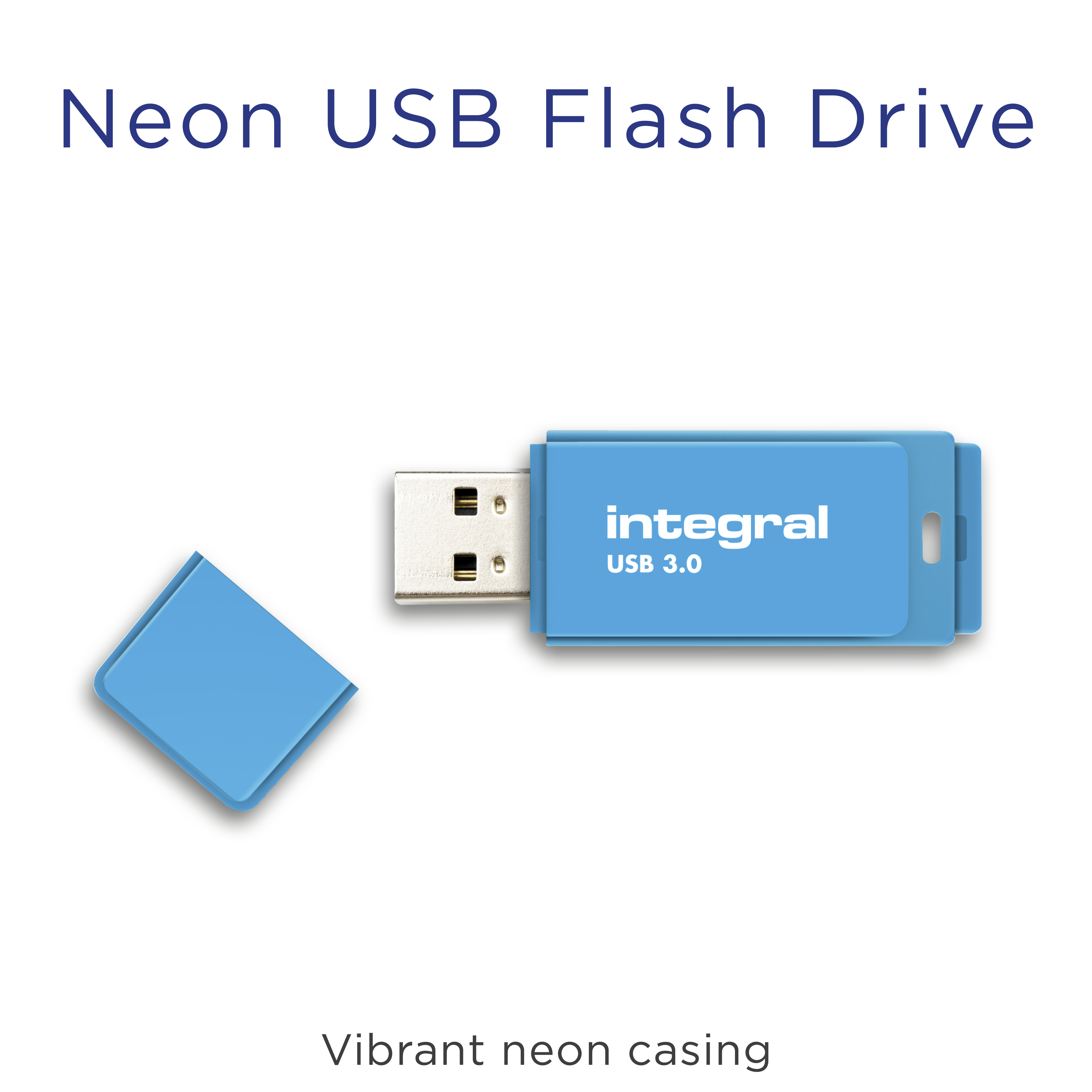 Niebieski pendrive USB z odłączoną nasadką. Pendrive jest oznaczony jako 'integral USB 3.0'.