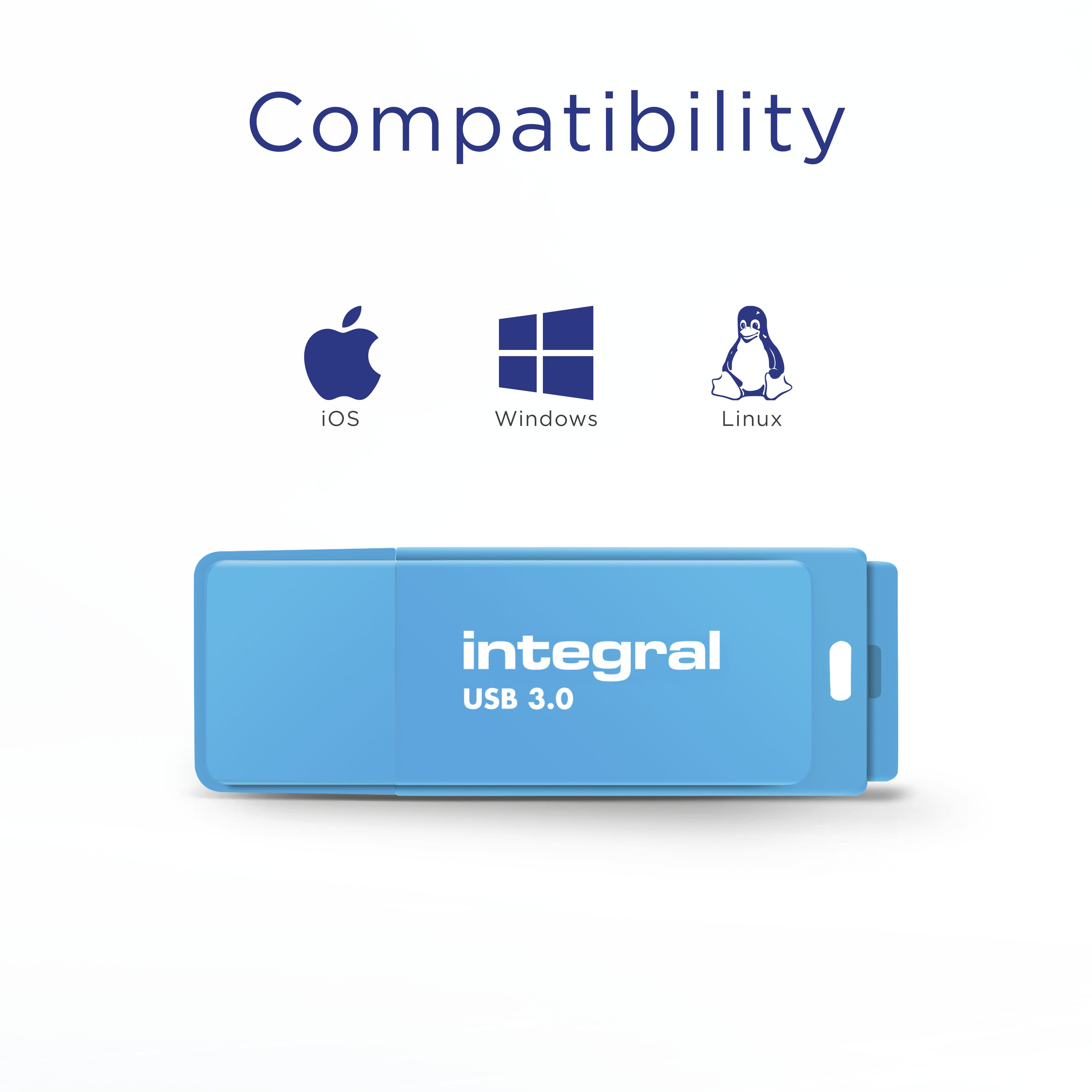 Obraz pokazuje kompatybilność z iOS, Windows i Linux. Niebieski pendrive z 'integral USB 3.0' na pierwszym planie.