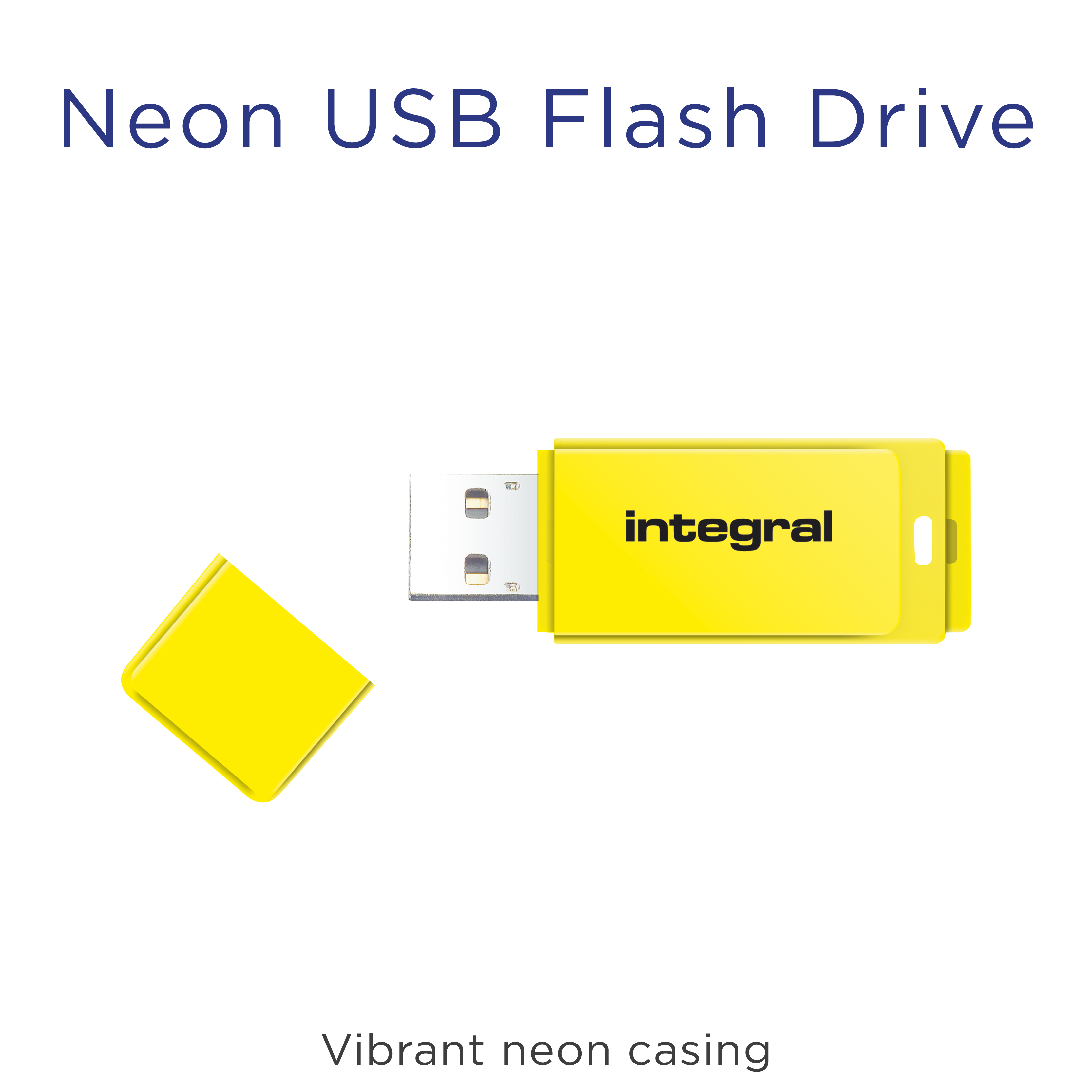 Żółty neonowy pendrive USB z logo 'integral'. Widoczna jest również odłączona nasadka.