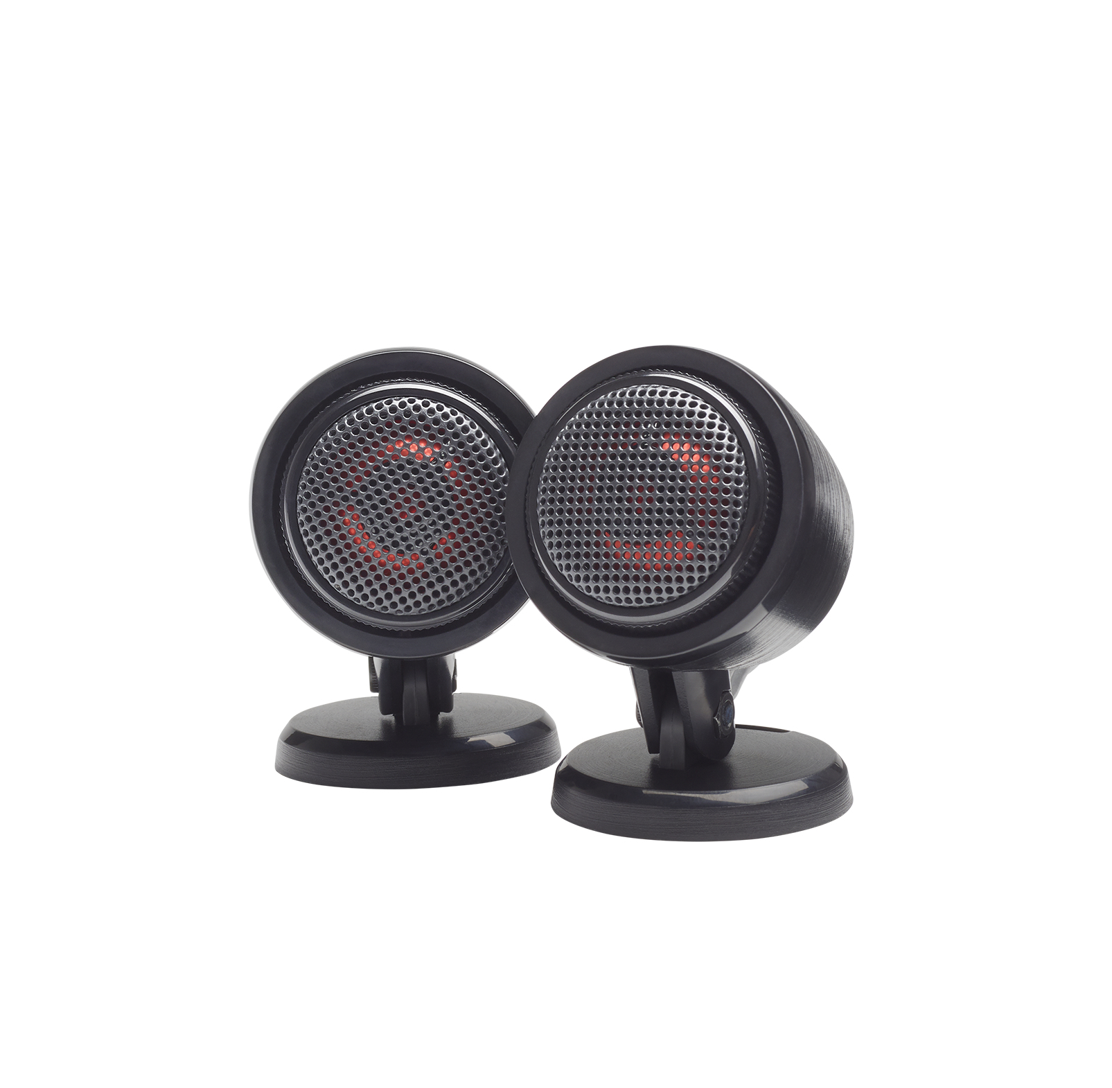 Dwa czarne głośniki z czerwonymi siatkowymi osłonami na białym tle. Głośniki są okrągłe i na stojakach.