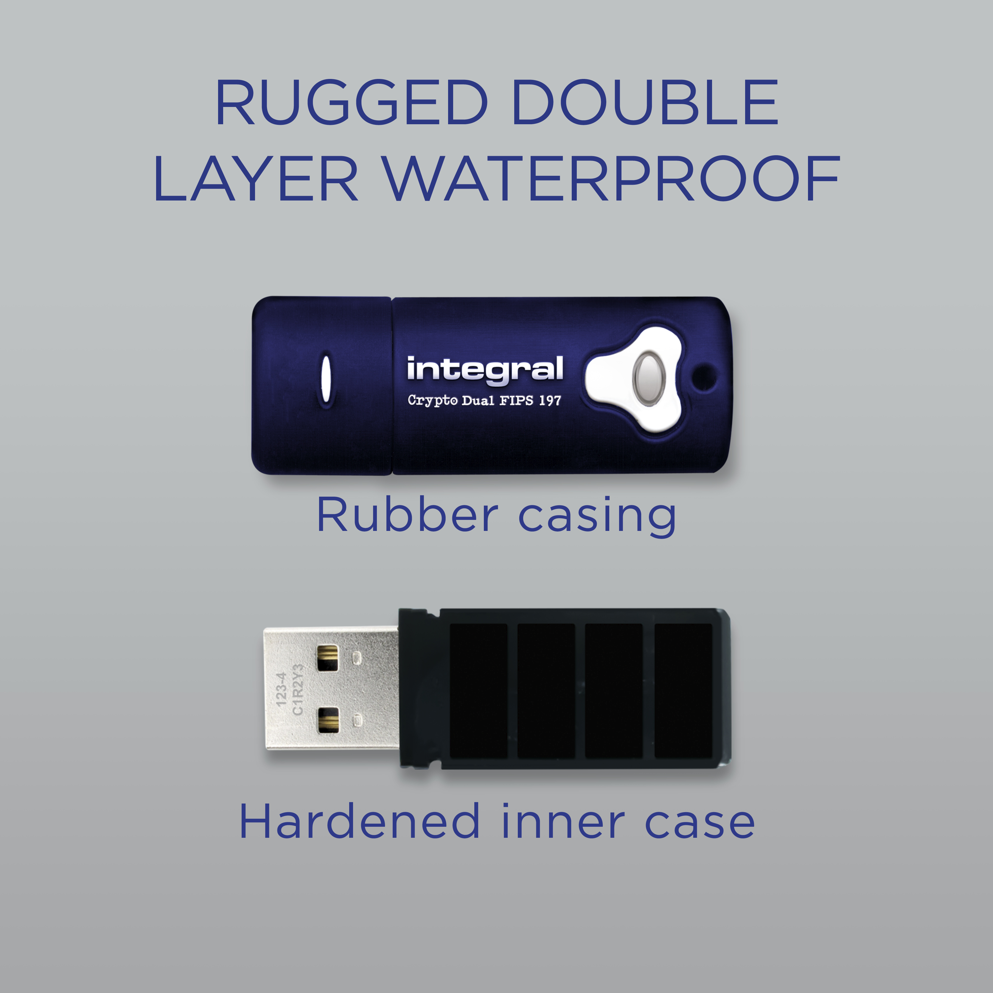 Obraz przedstawia napęd USB z niebieską obudową i czarnym złączem USB. Tekst mówi „Rugged Double Layer Waterproof”.