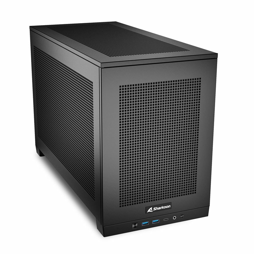 Een zwarte computerkast met een mesh voorpaneel, het Sharkoon-logo is zichtbaar en staat op een witte achtergrond.