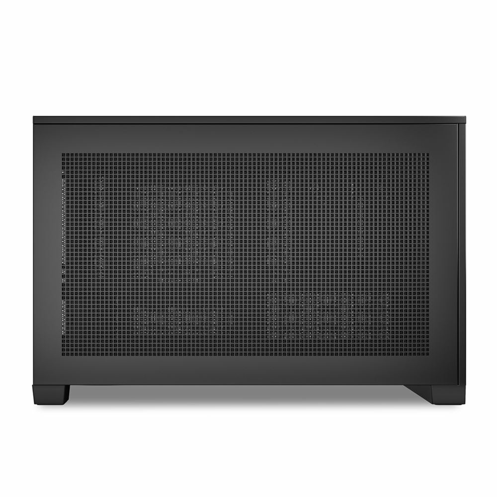 Een zwarte computerkast, rechthoekig, met een rasterpatroon aan de voorkant. Het heeft een massieve bovenkant en wordt ondersteund door kleine voetjes.