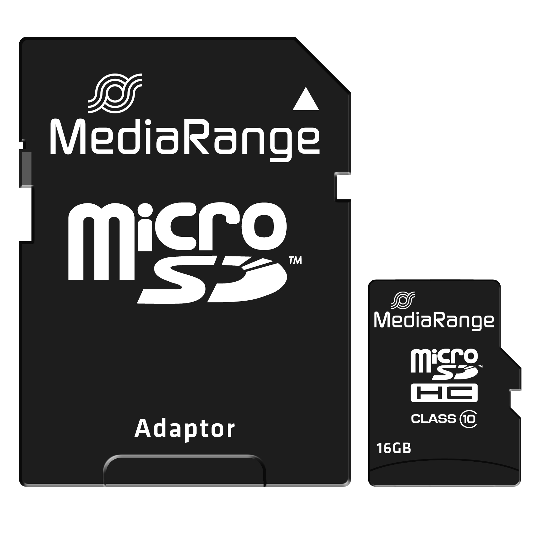 Czarna karta Micro SD MediaRange i adapter. Biały tekst: MediaRange, Micro SD, Adapter, 16GB i klasa 10.