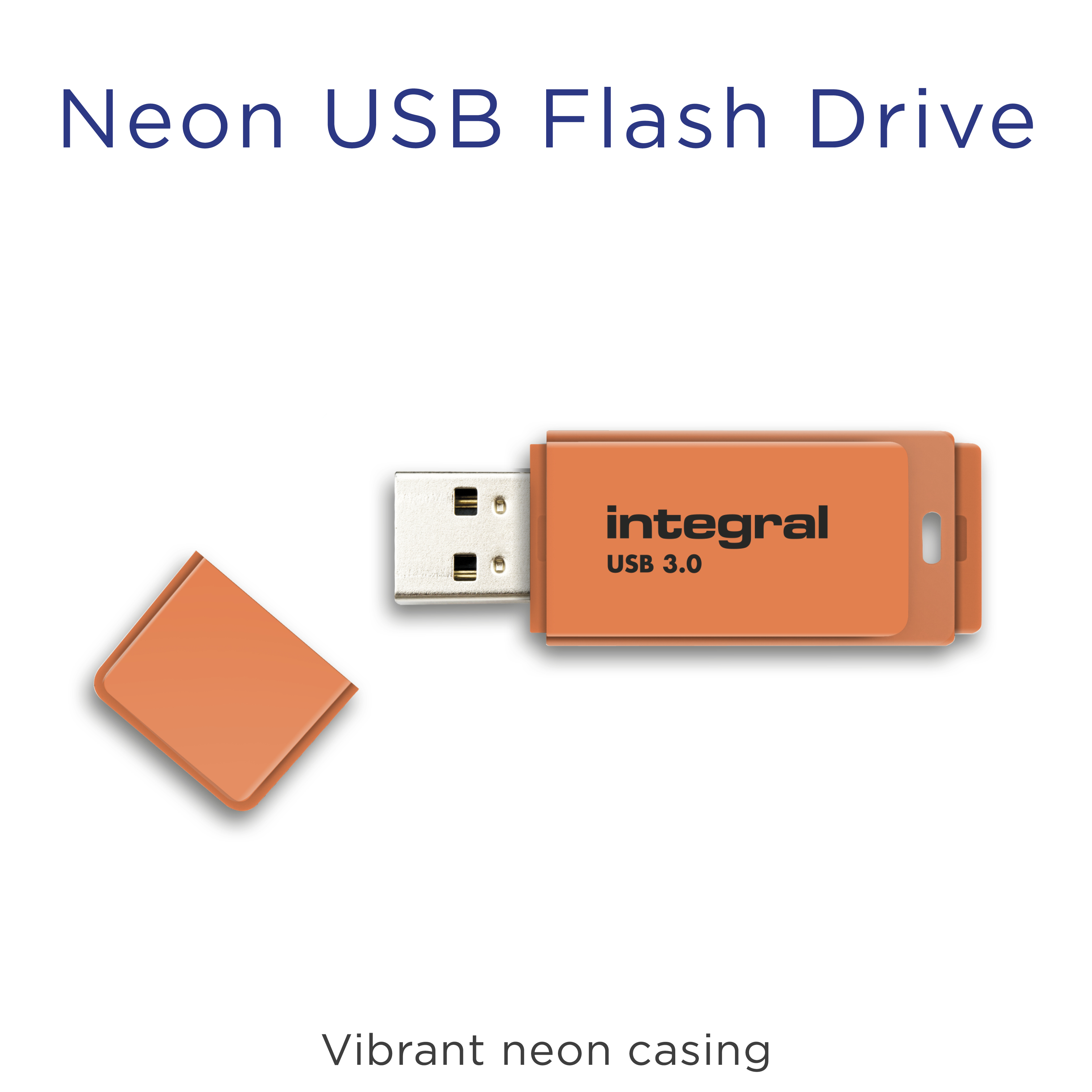Pomarańczowy pendrive USB z odłączoną nasadką. Widoczna marka 'integral'. Tekst brzmi 'Neon USB Flash Drive'.