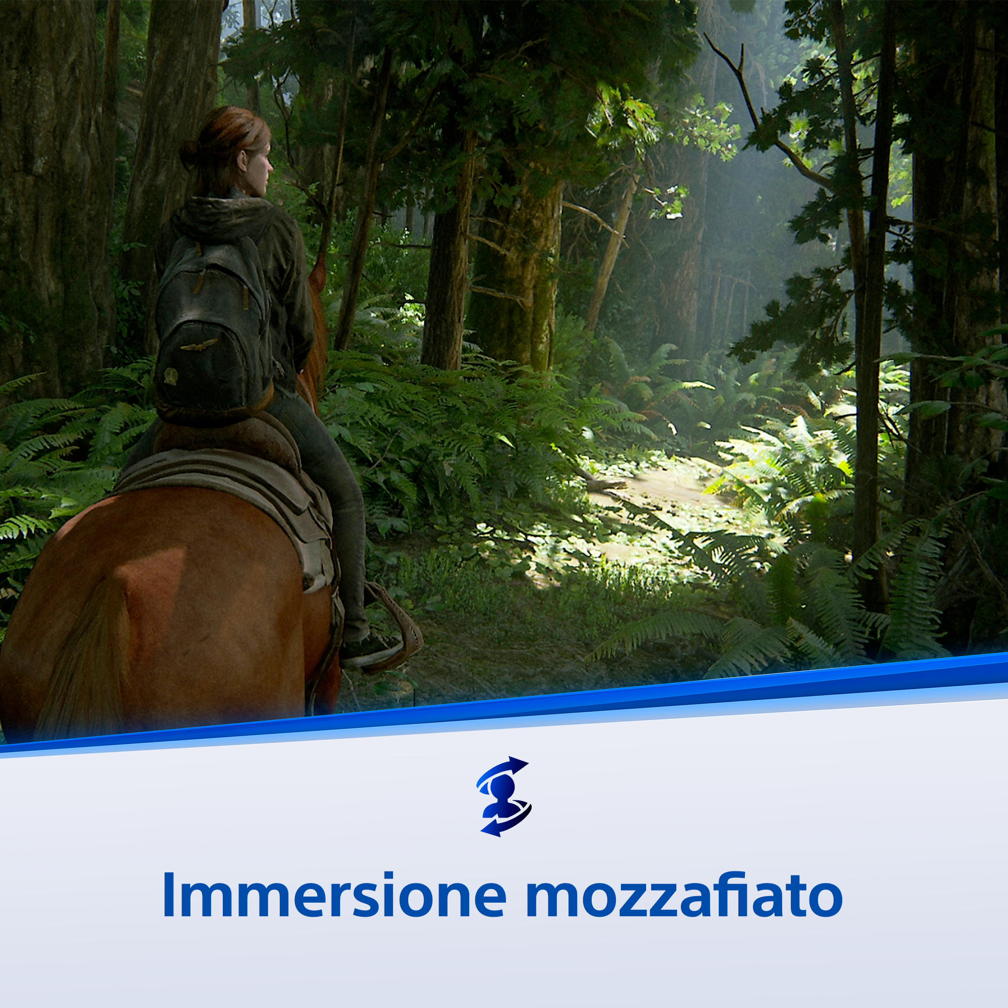 Een vrouw te paard rijdt door een bos. Bomen omringen hen. Varens en zonlicht vullen de achtergrond.