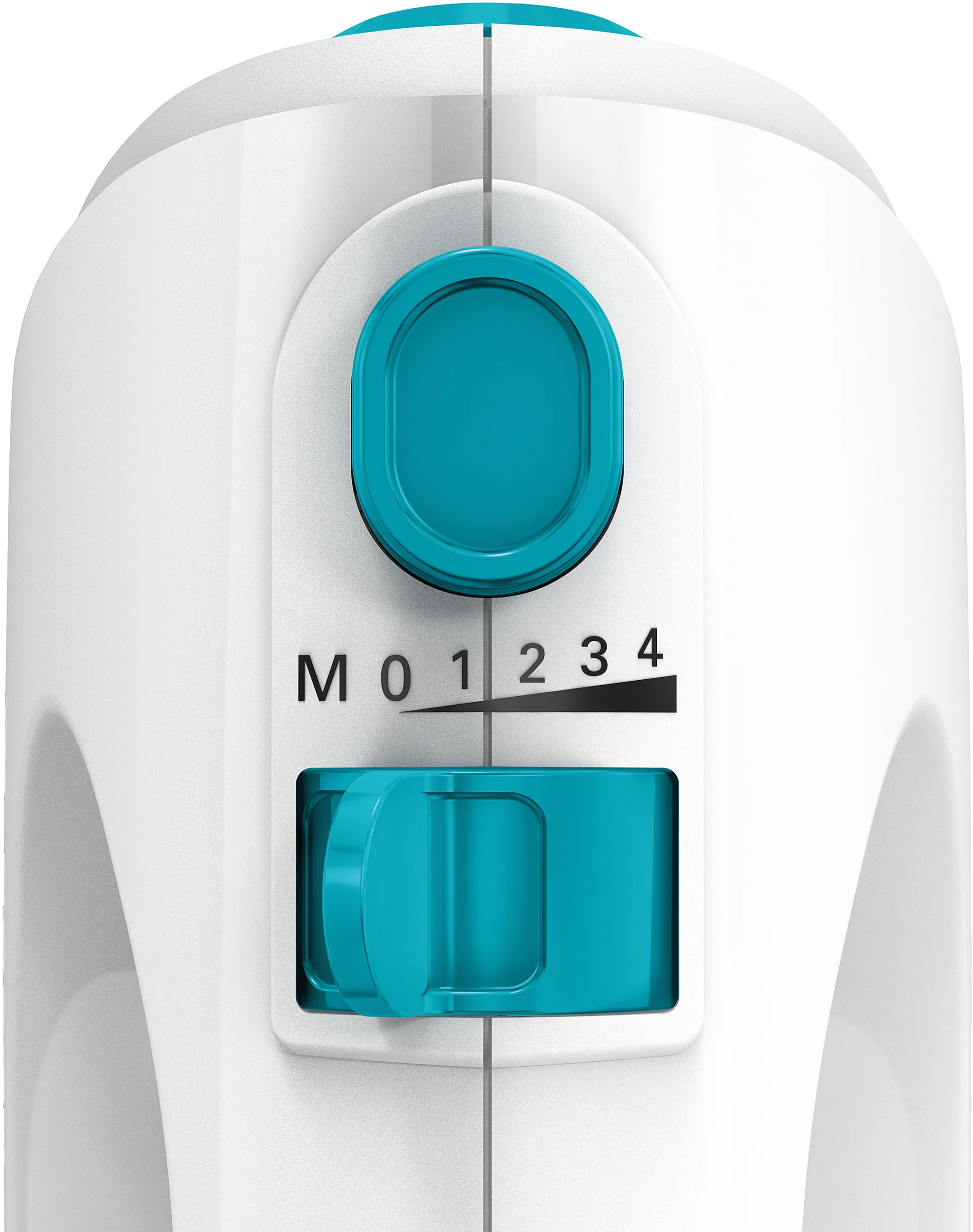 Close-up of a white device with a teal dial and controls. Numbers and letters are visible.