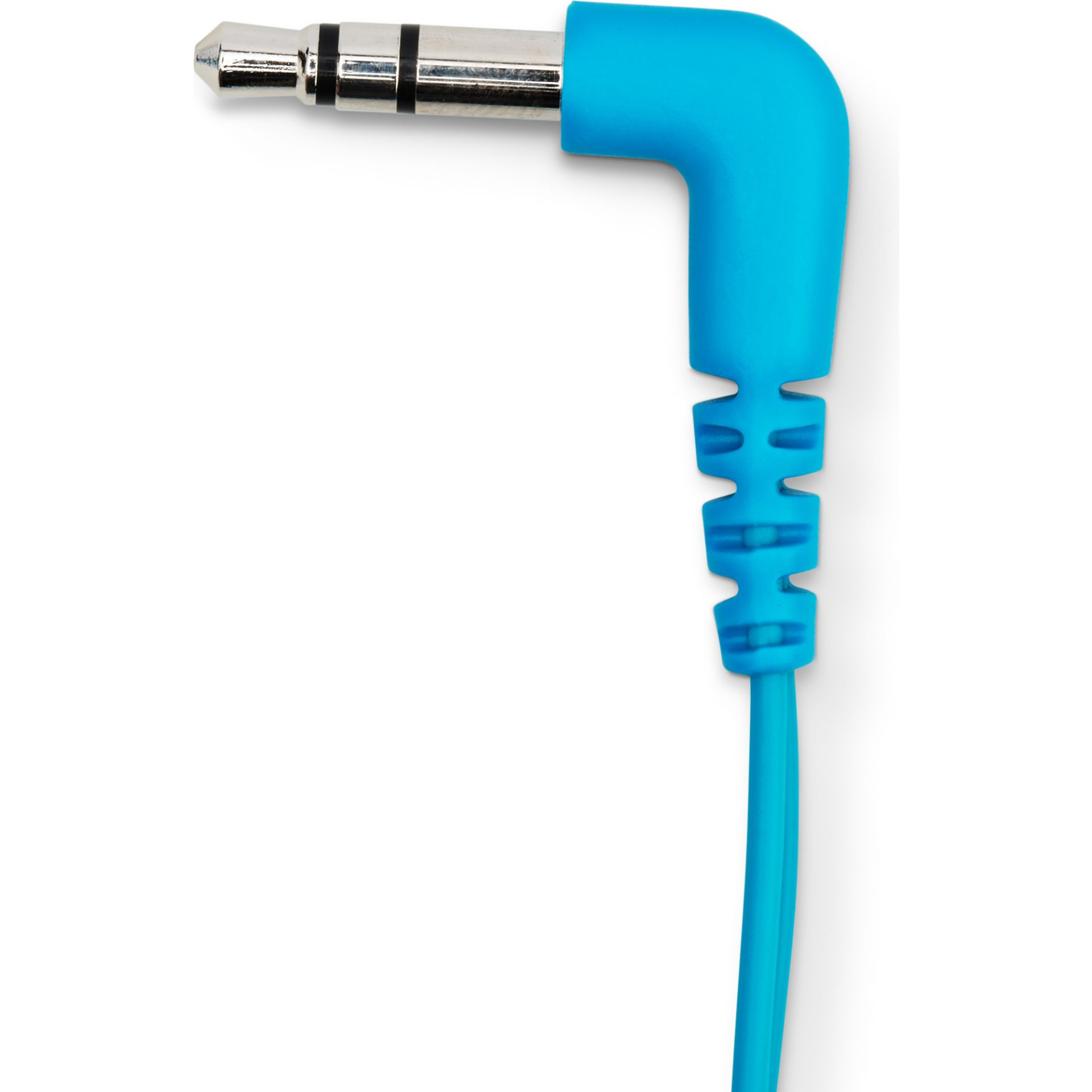 Zbliżenie wtyczki audio 3,5 mm z niebieskim kablem. Wtyczka jest srebrna i czarna, kabel jasnoniebieski.