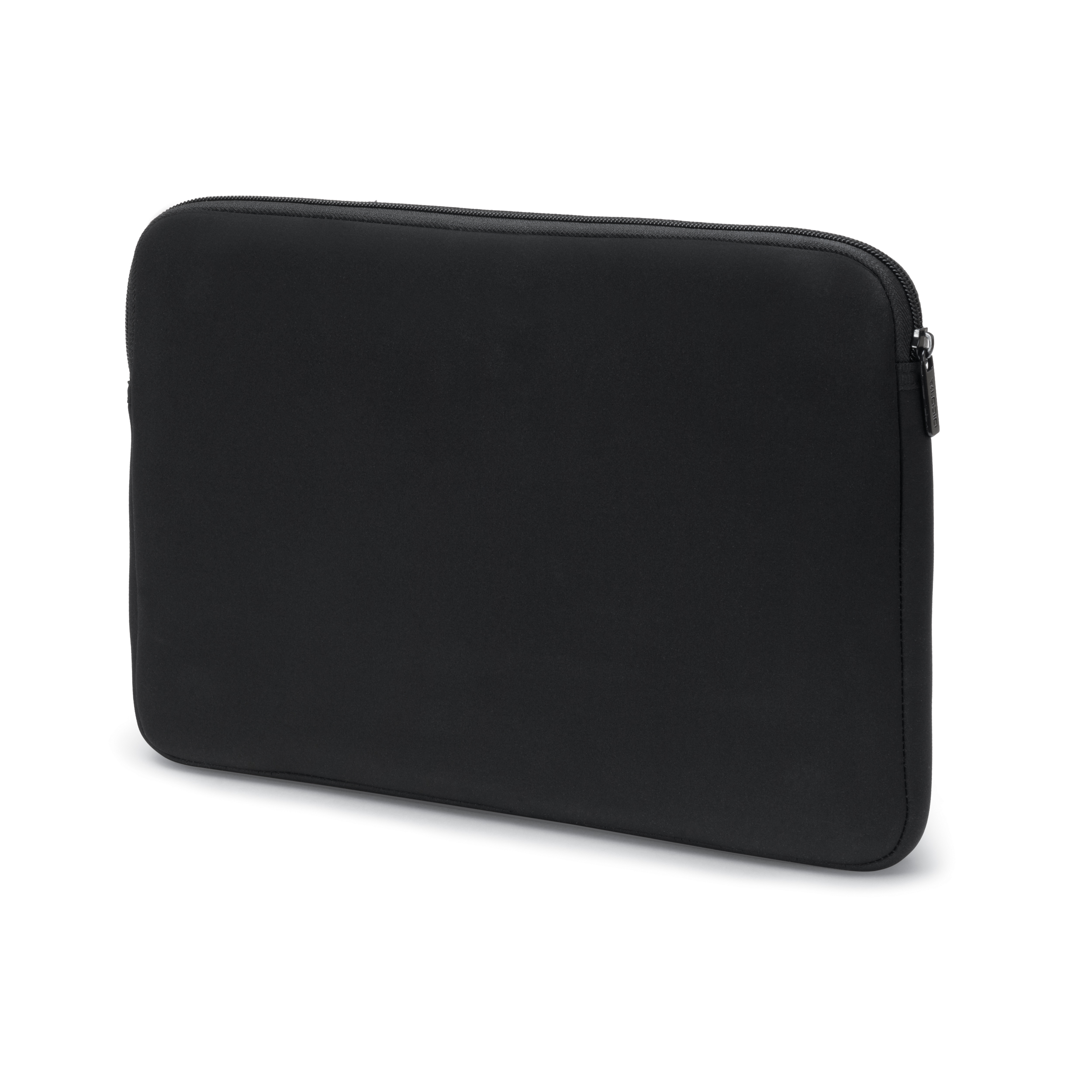 Una custodia nera per laptop su sfondo bianco. Ha una cerniera ed è rettangolare.