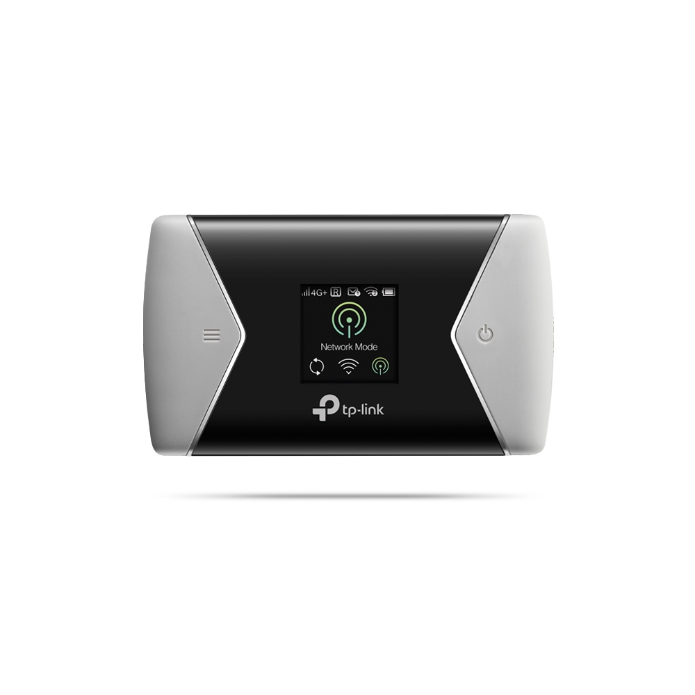 Mobilny router Wi-Fi TP-Link 4G+. Ma czarny ekran z napisem 'Network Mode', ikonami i logo TP-Link.