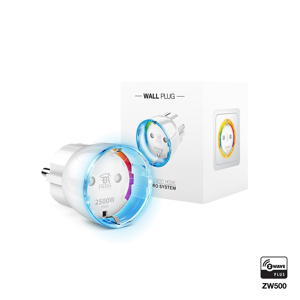 Un enchufe de pared inteligente blanco con un anillo LED azul y arcoíris, y una caja que muestra un enchufe similar. La marca es FIBARO.