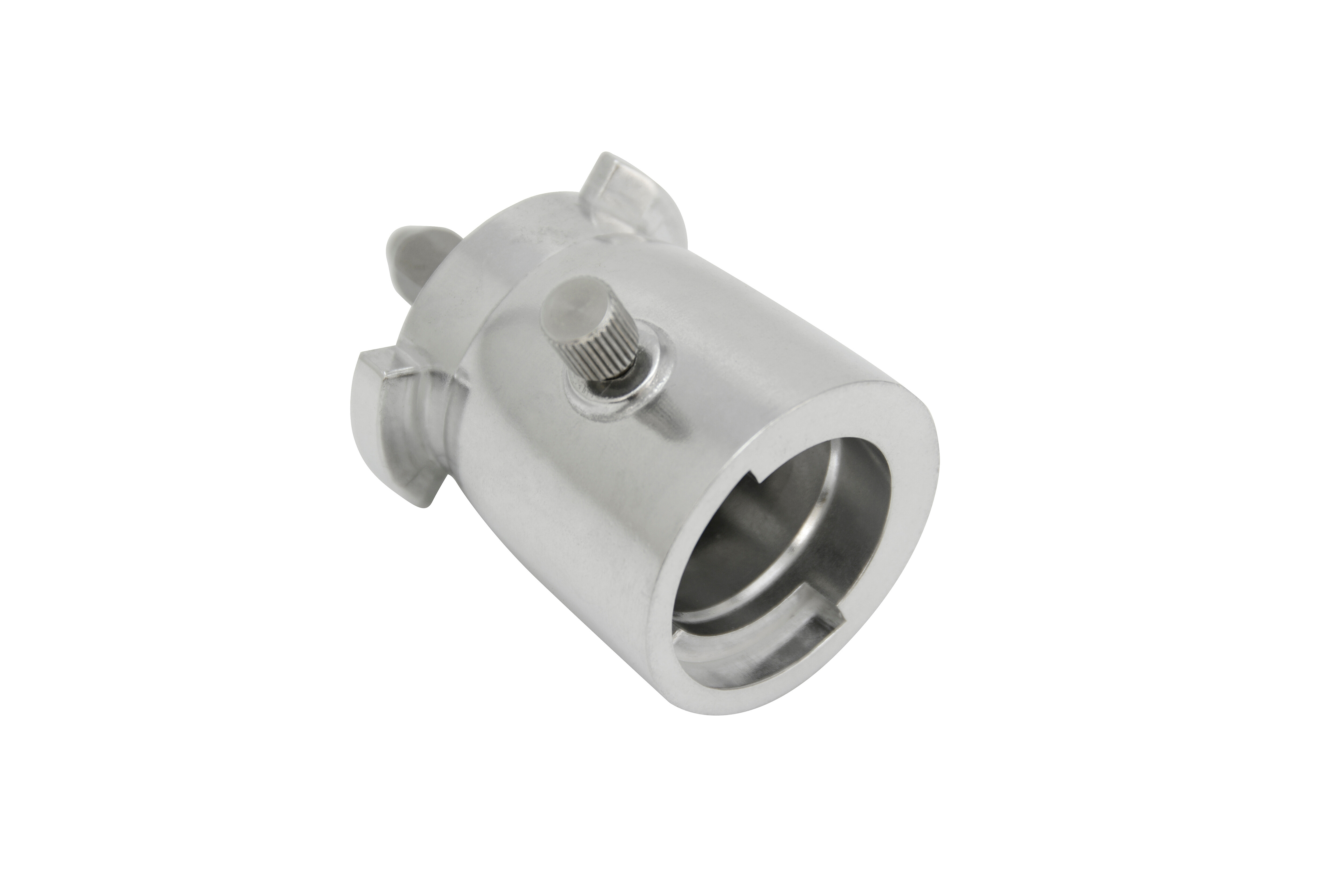 Metalowa, cylindryczna część ze śrubą i kołnierzami, odizolowana na białym tle.