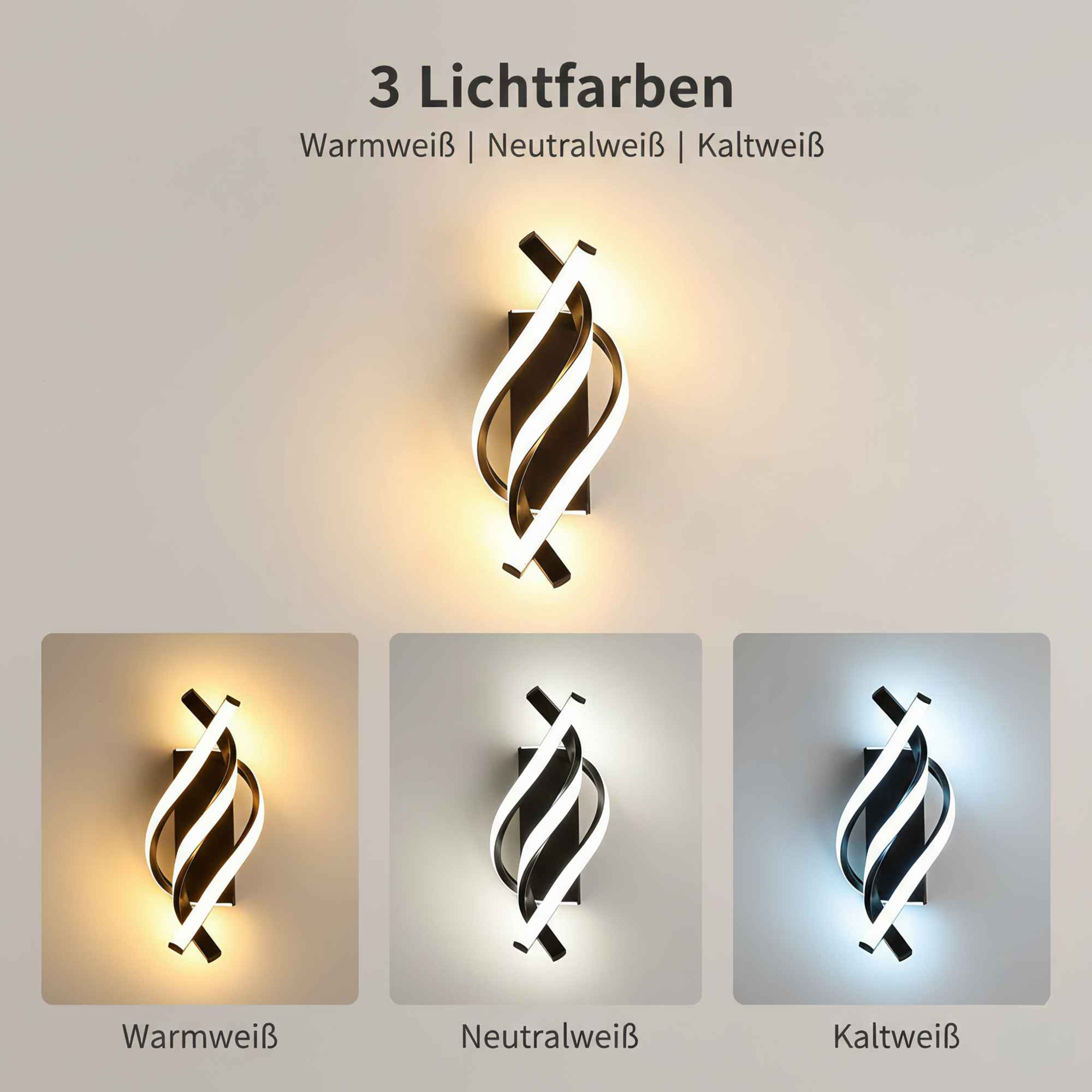 Das Bild zeigt eine Wandlampe mit drei Lichtfarboptionen. Die Lampe hat einen schwarzen Rahmen mit weißen, gebogenen Lichtelementen.