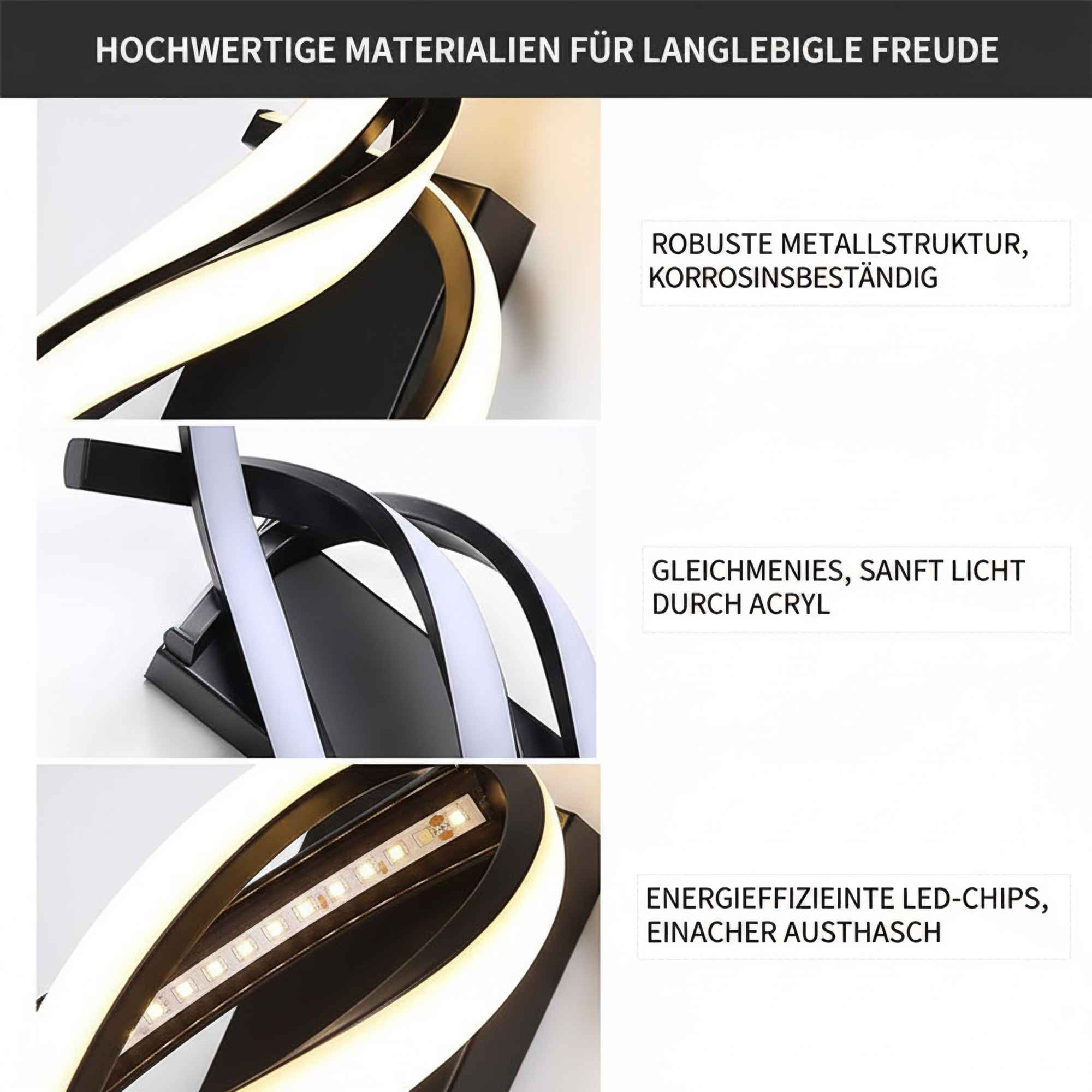 Eine moderne schwarz-weiße LED-Lampe. Es hat ein geschwungenes Design mit hellen LEDs.