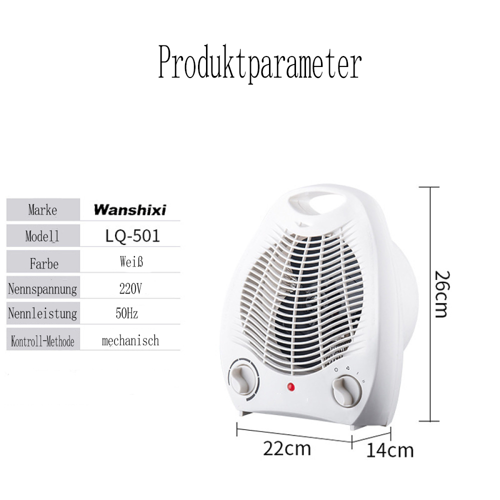 Weißer Wanshixi LQ-501 Heizlüfter. Maße: 26cm hoch, 22cm breit, 14cm tief. Merkmale: 220V, 50Hz, mechanische Steuerung.