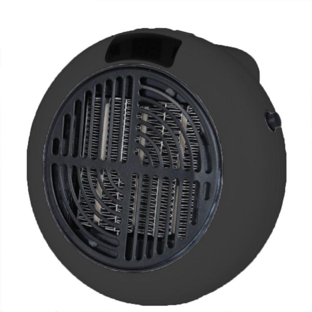 Ein schwarzer, runder Heizlüfter. Er hat ein Gitter, das das Heizelement schützt. Er hat auch einen kleinen Griff oben und einen Knopf.