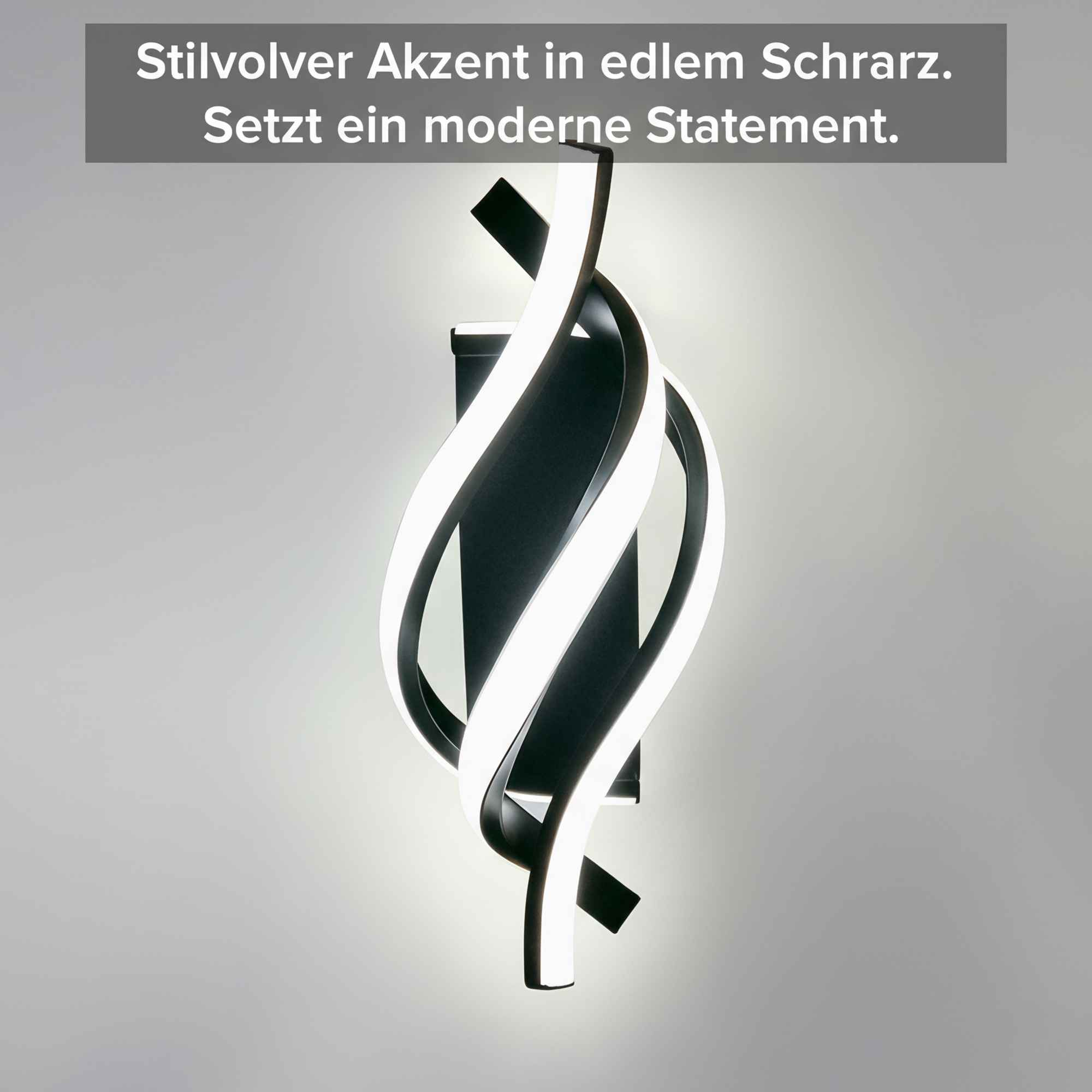 Moderne Wandlampe in Schwarz und Weiß. Geschwungenes Design mit weißen LED-Streifen auf grauem Hintergrund.