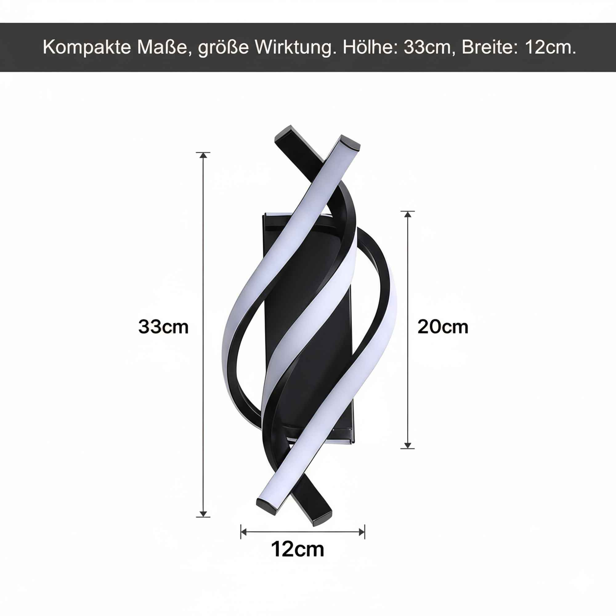 Eine moderne Wandlampe mit geschwungenem Design in Schwarz und Weiß. Abmessungen: 33 cm Höhe, 20 cm Breite, 12 cm.