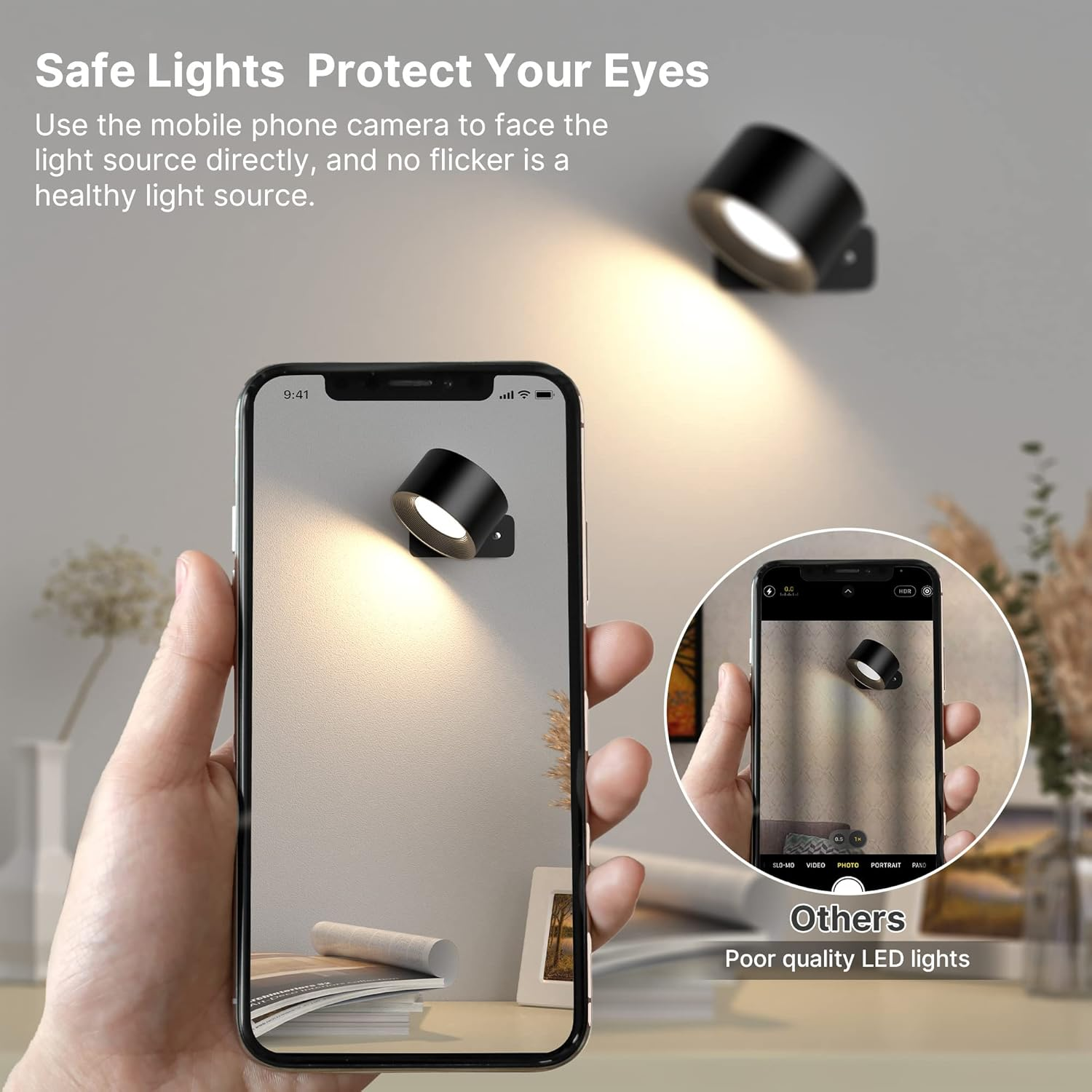 Eine Hand, die ein Telefon hält, zeigt ein schwarzes Licht. Ein zweites Licht wird ebenfalls gezeigt. Text sagt 'Sichere Lichter schützen Ihre Augen'.