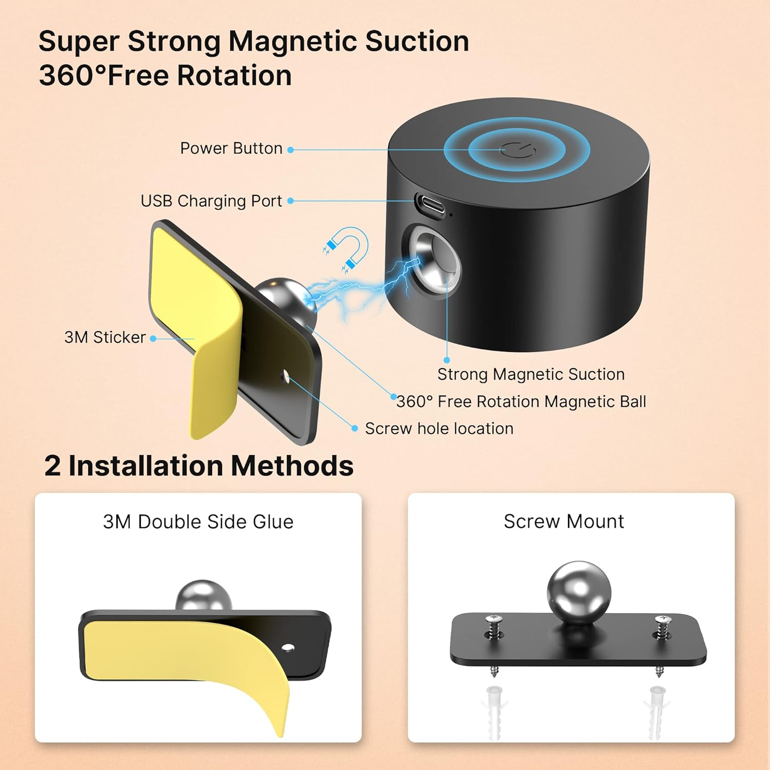 Ein schwarzer magnetischer Telefonhalter mit gelbem Aufkleber und zwei Installationsmethoden: Kleben und Schraubmontage. Merkmale: USB-Anschluss und Power-Taste.