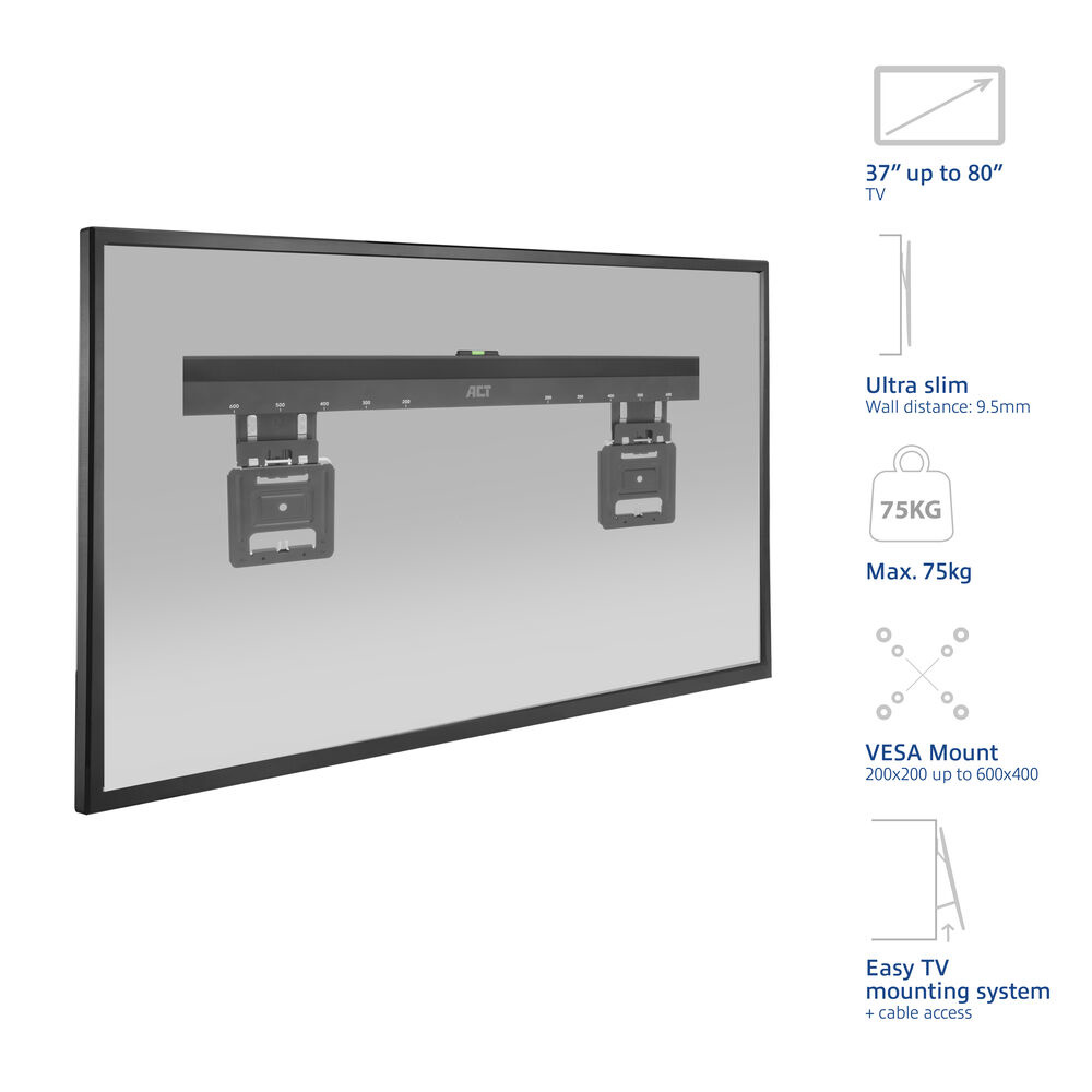 Eine TV-Wandhalterung wird mit Spezifikationen angezeigt: 37"-80" TV, ultraflach, max. 75 kg, VESA-Halterung, einfaches Montagesystem.