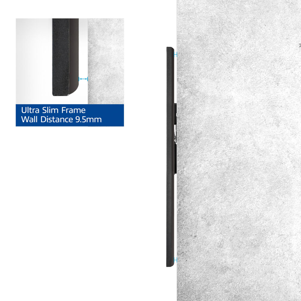 Nahaufnahme eines schwarzen, ultradünnen Rahmens an einer grau strukturierten Wand. Der Wandabstand beträgt 9,5 mm.