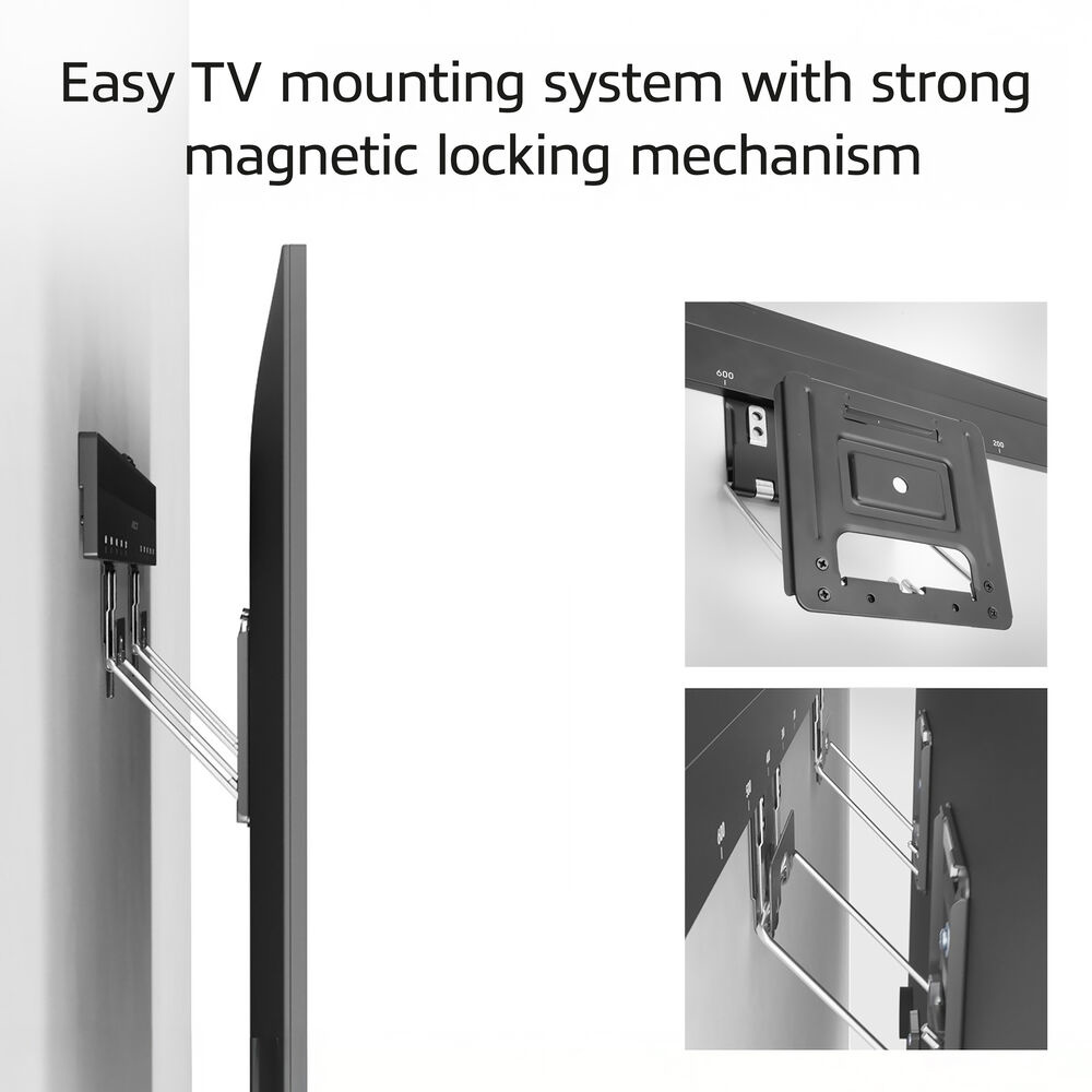 Das Bild zeigt ein TV-Montagesystem. Ein Fernseher ist an einer Wand montiert. Mehrere Nahaufnahmen zeigen den Montagemechanismus.