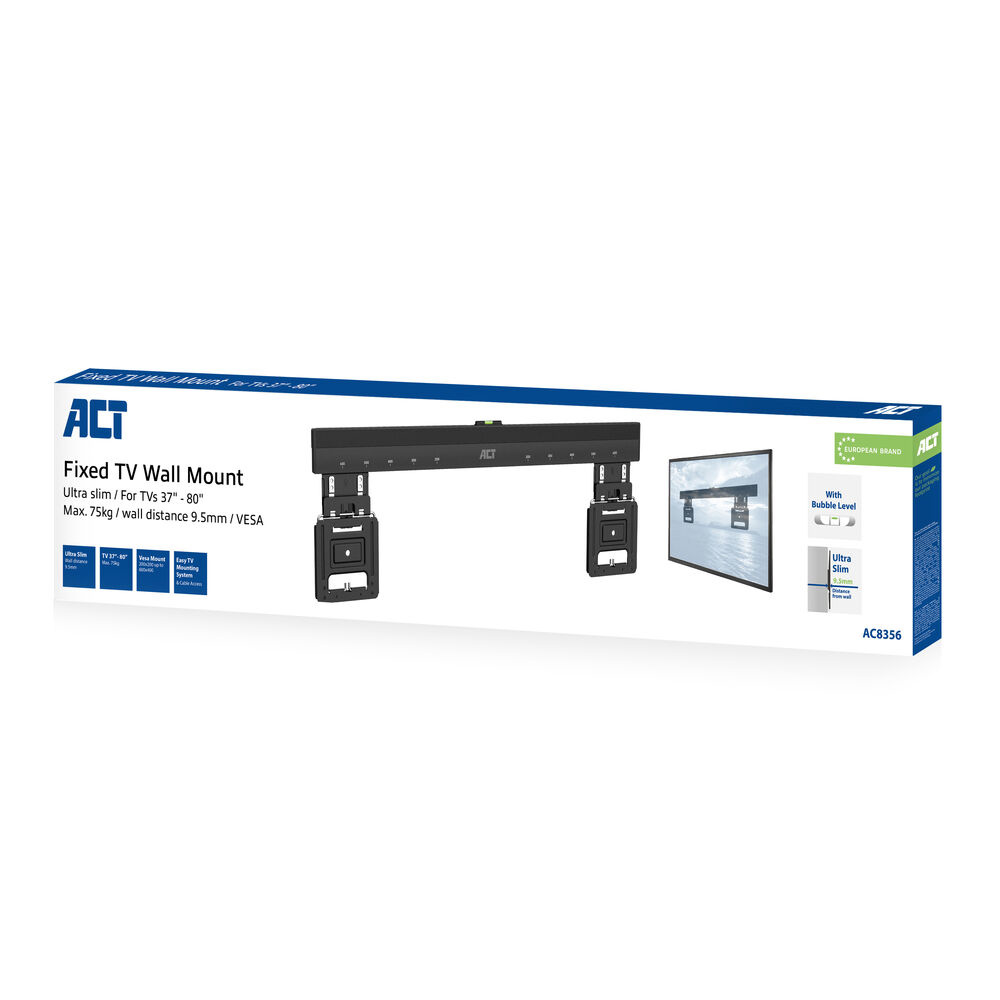 Schachtel der ACT Fixed TV Wall Mount. Zeigt das Produkt, eine schwarze Halterung und ein TV-Bild. Textdetails.