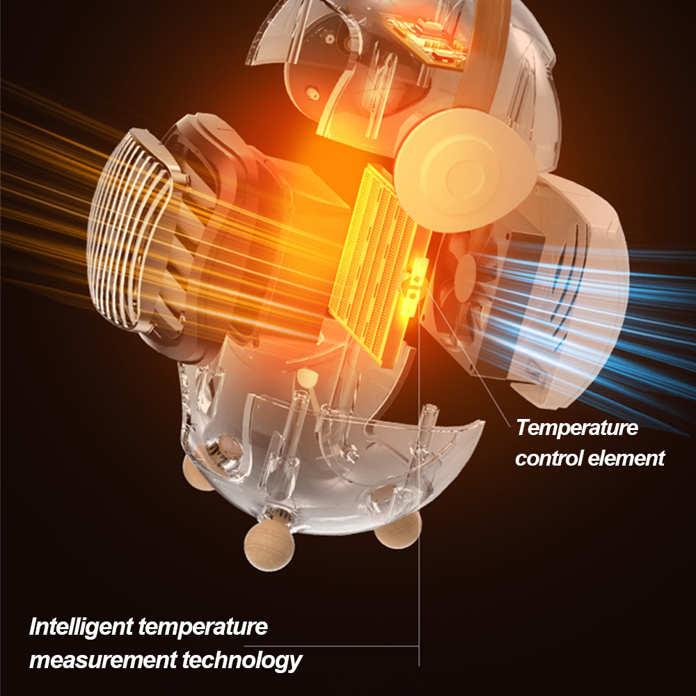 Diagramm eines Geräts mit internen Komponenten. Es hat einen Ventilator, ein Heizelement und eine Temperaturregelung. Text: „Intelligente Temperaturmesstechnologie“.