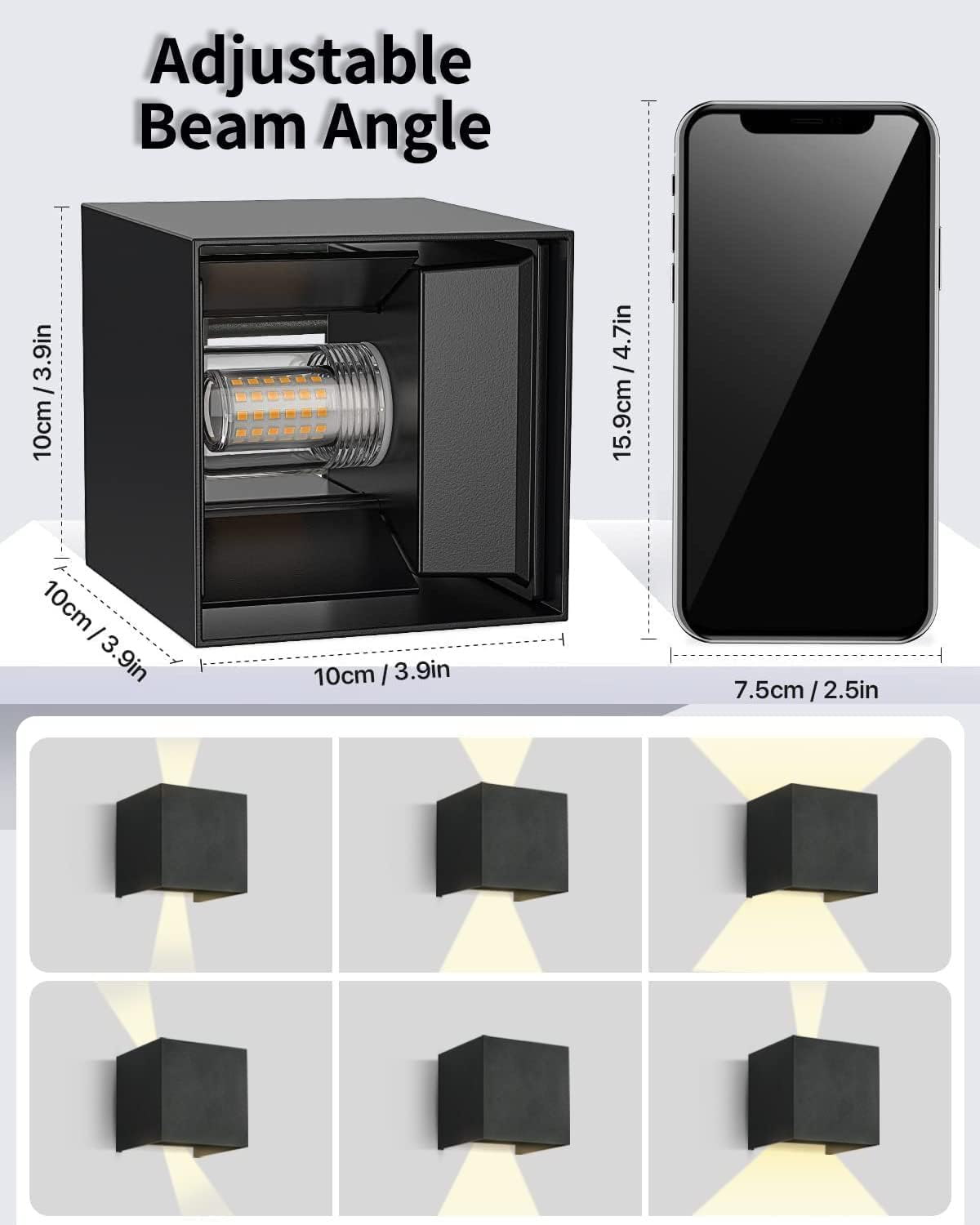 Das Bild zeigt eine schwarze Wandleuchte, Abmessungen und ein Telefon. Unten werden verschiedene Lichtwinkel angezeigt, die den einstellbaren Strahl demonstrieren.