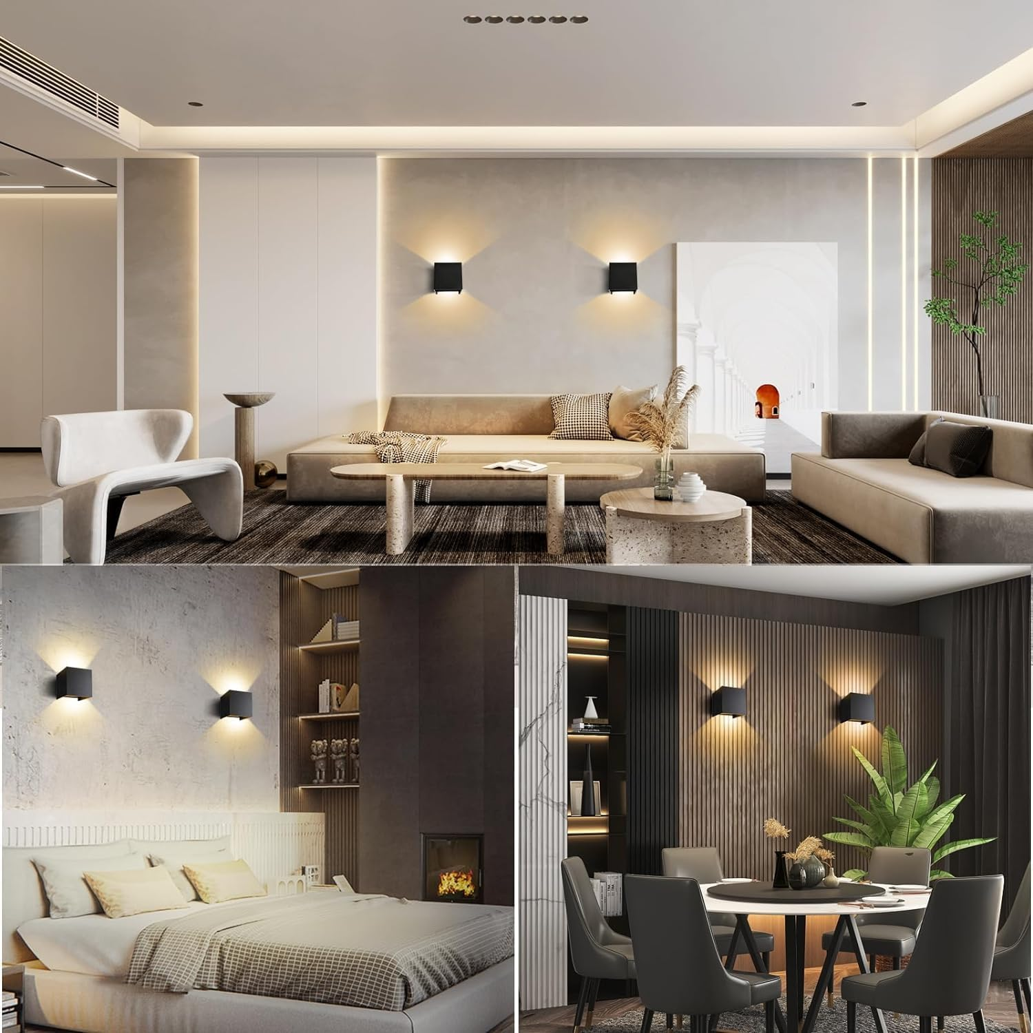Wohnzimmer mit Sofa, Couchtisch und Wandlampen. Schlafzimmer mit Bett und Lampen. Esszimmer mit Tisch und Stühlen.