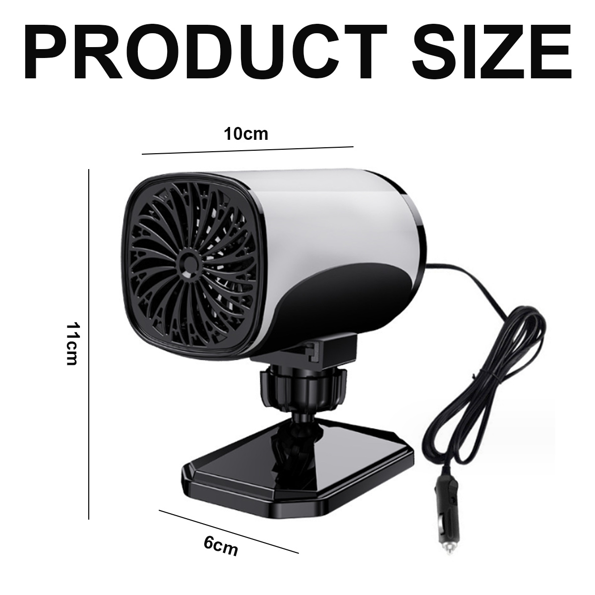 Eine Autoheizung, silber und schwarz, mit den Abmessungen: 10 cm, 11 cm und 6 cm. Inklusive Netzkabel und Zigarettenanzünder-Adapter.