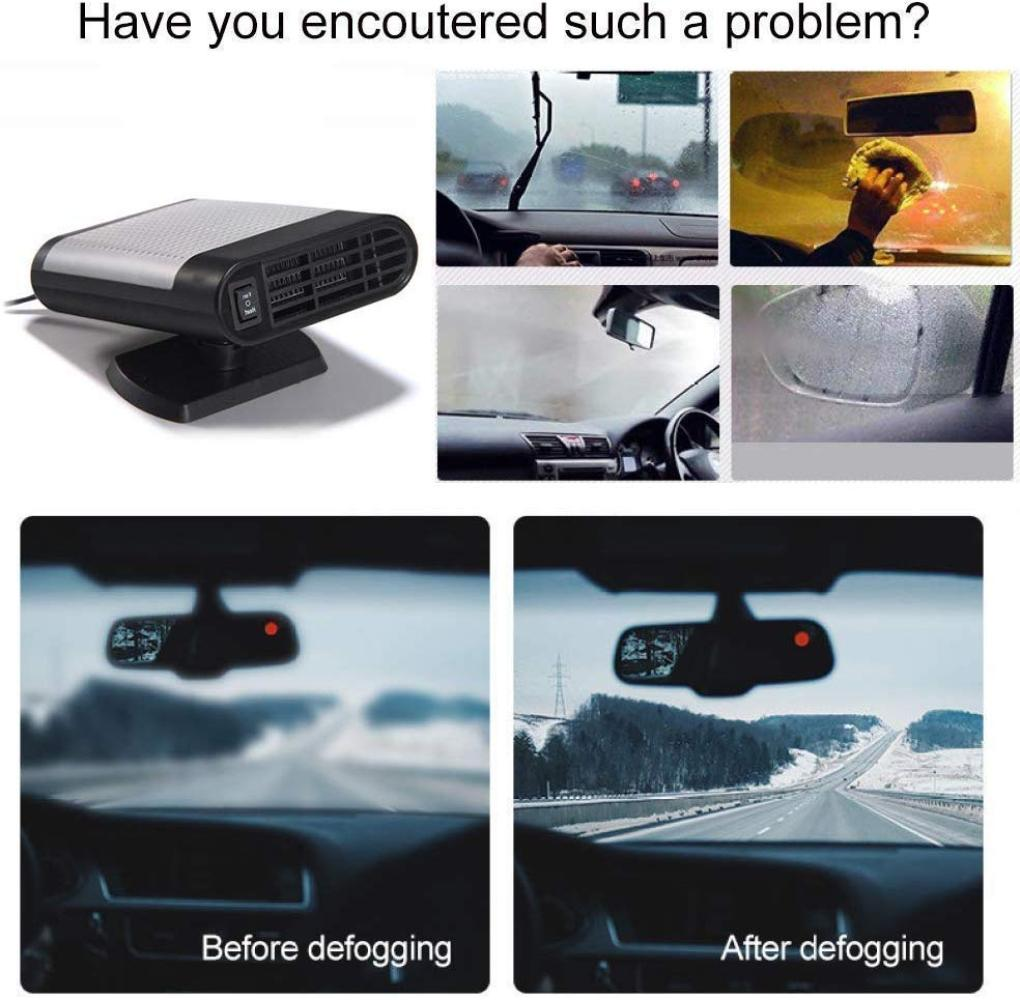 Das Bild zeigt das Enteisen von Autos. Vorher: verschwommene Sicht. Nachher: klare Sicht. Enthält Enteiser und Beispiele für beschlagene Autofenster und Spiegel.